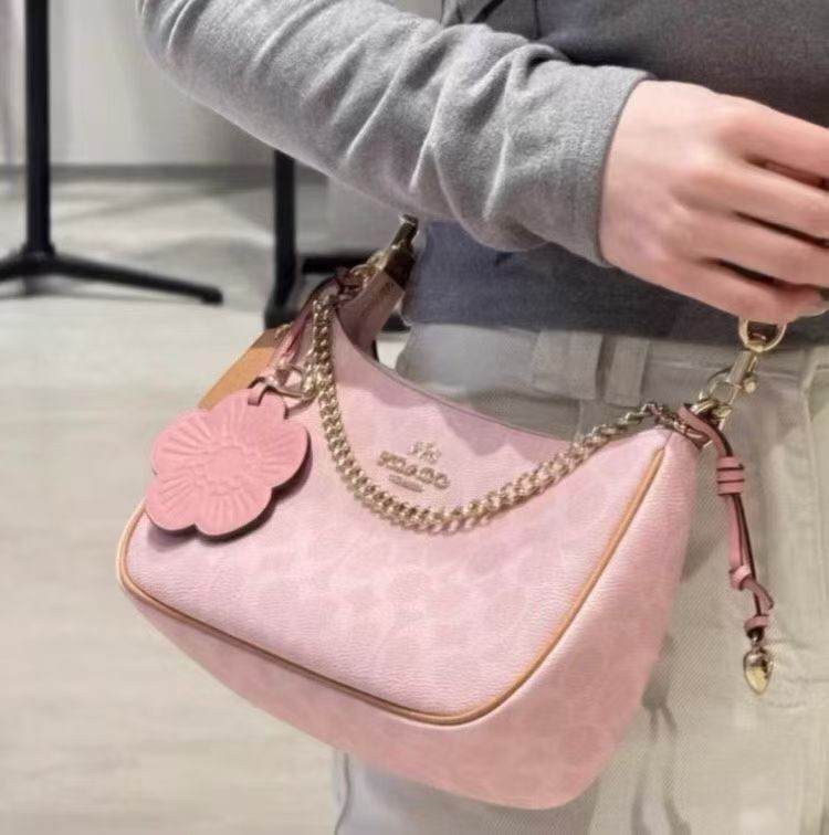 NWT Gold Powder Pink Teri Shoulder Bag Signature with Charms CEA20