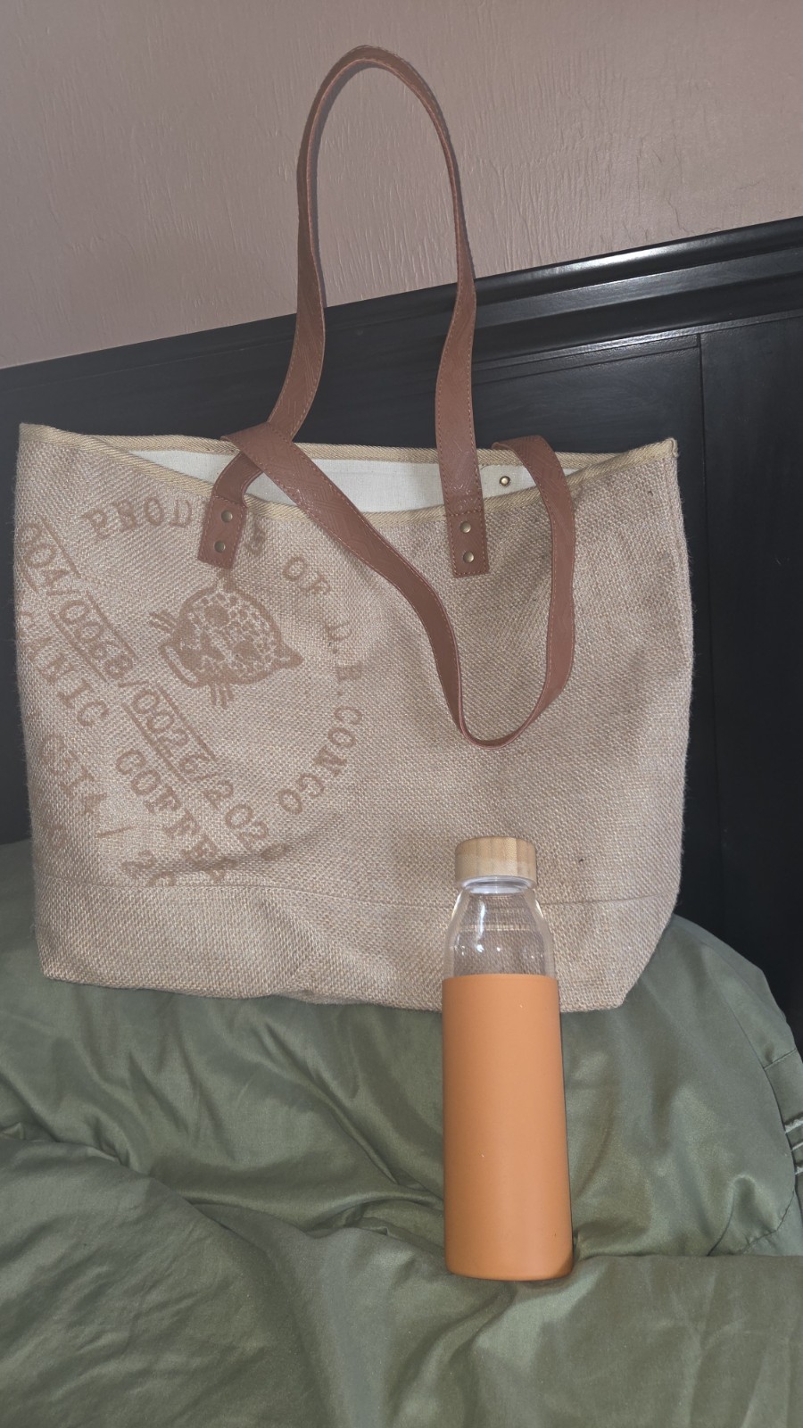 Nespresso Jute Tote Bag Lined With Faux Leather Handles NWOT plus waterbottle