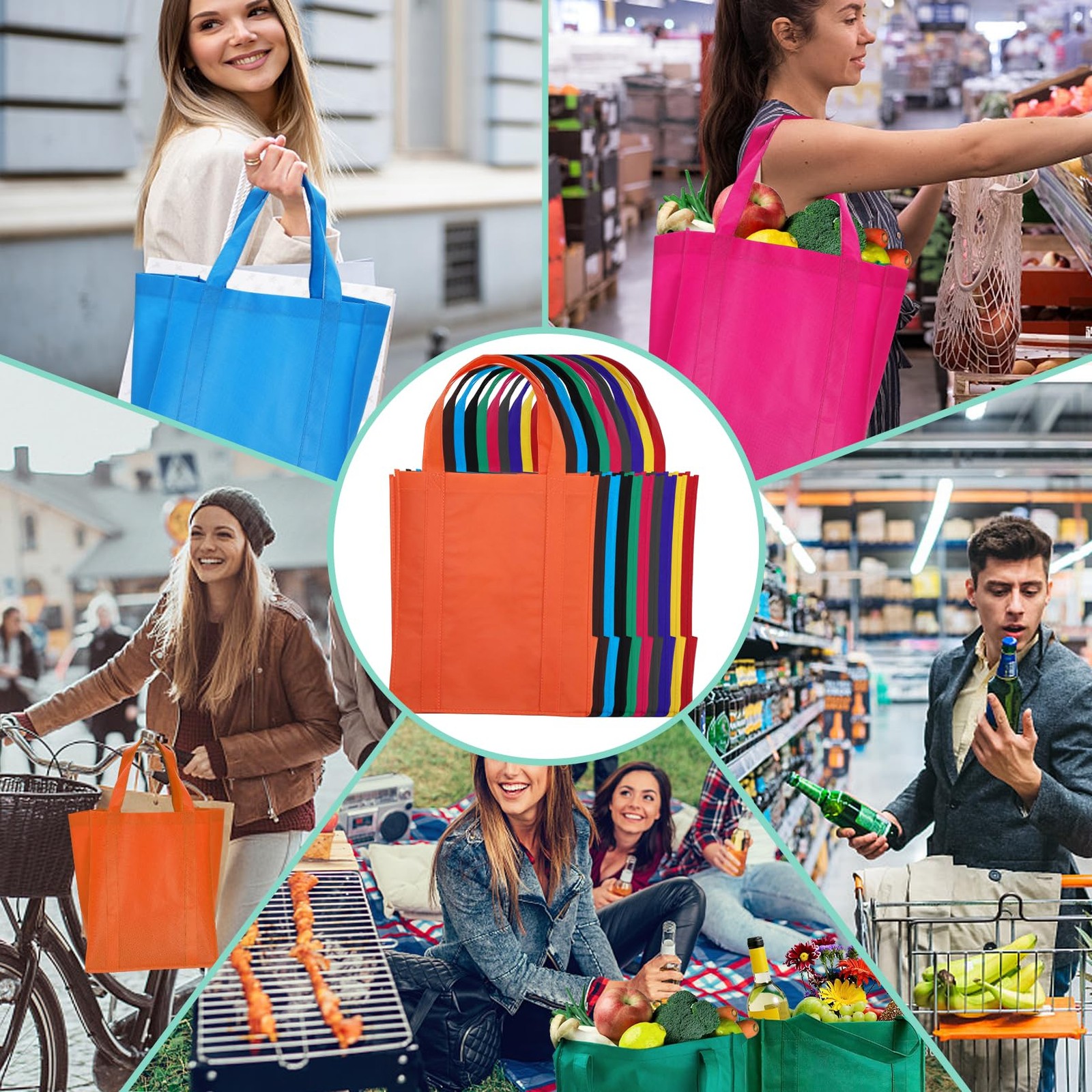 10 PCS Reusable Grocery Bags Large Foldable Non Woven 45 Lbs 9.4×12.4×15 Inch