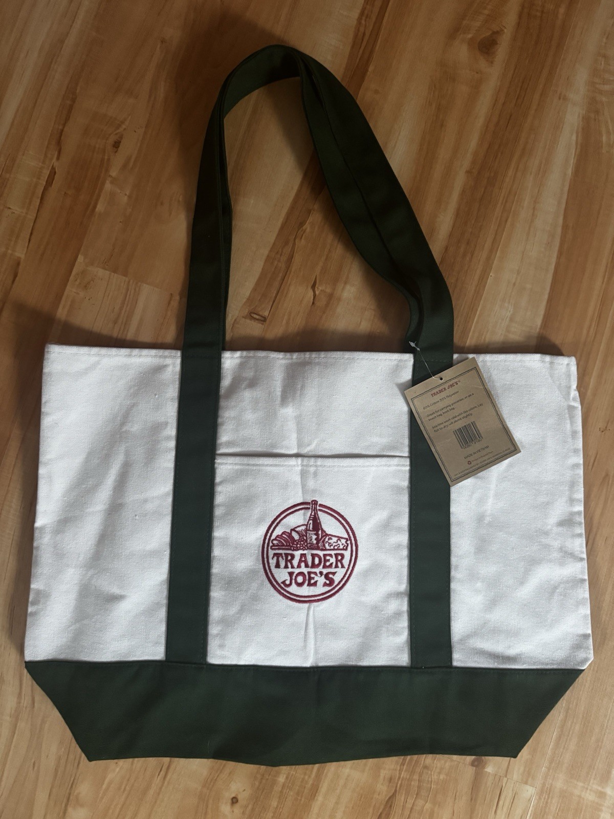 Trader Joe’s Foldable Canvas Reusable Shopping Bag White Green Solid NEW