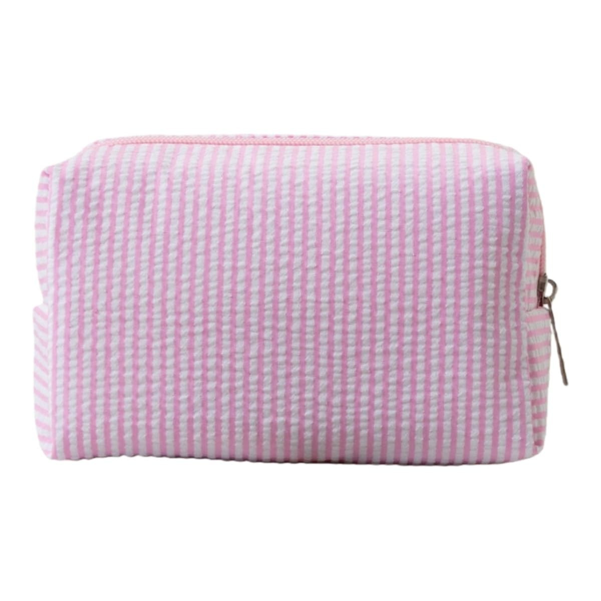 HFHungkeong Striped Seersucker Cosmetic Makeup Bag, Large Travel Pink