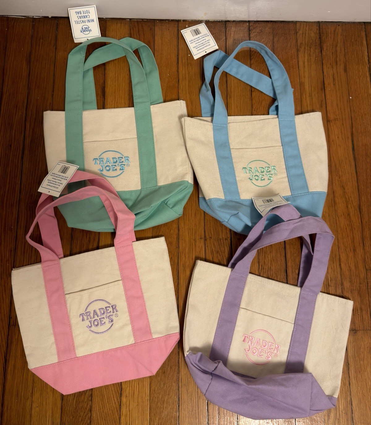 Trader Joe’s Small Multicolor Canvas Tote Set of 4 Pink Green Purple Blue