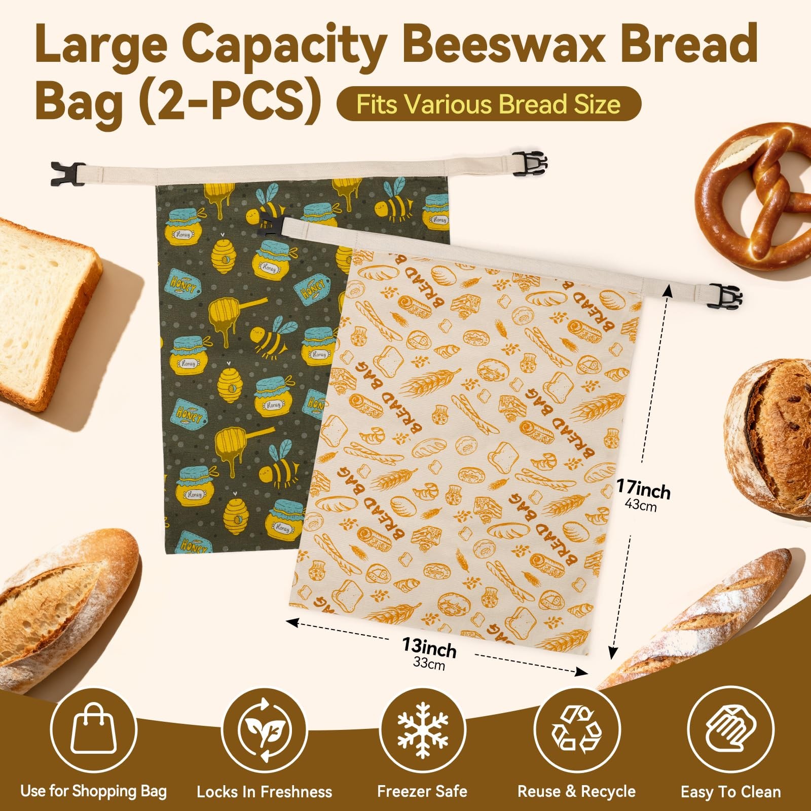 HAPYHOOM 2 Pack Natural Beeswax Bread Bags Large, Off white & Green