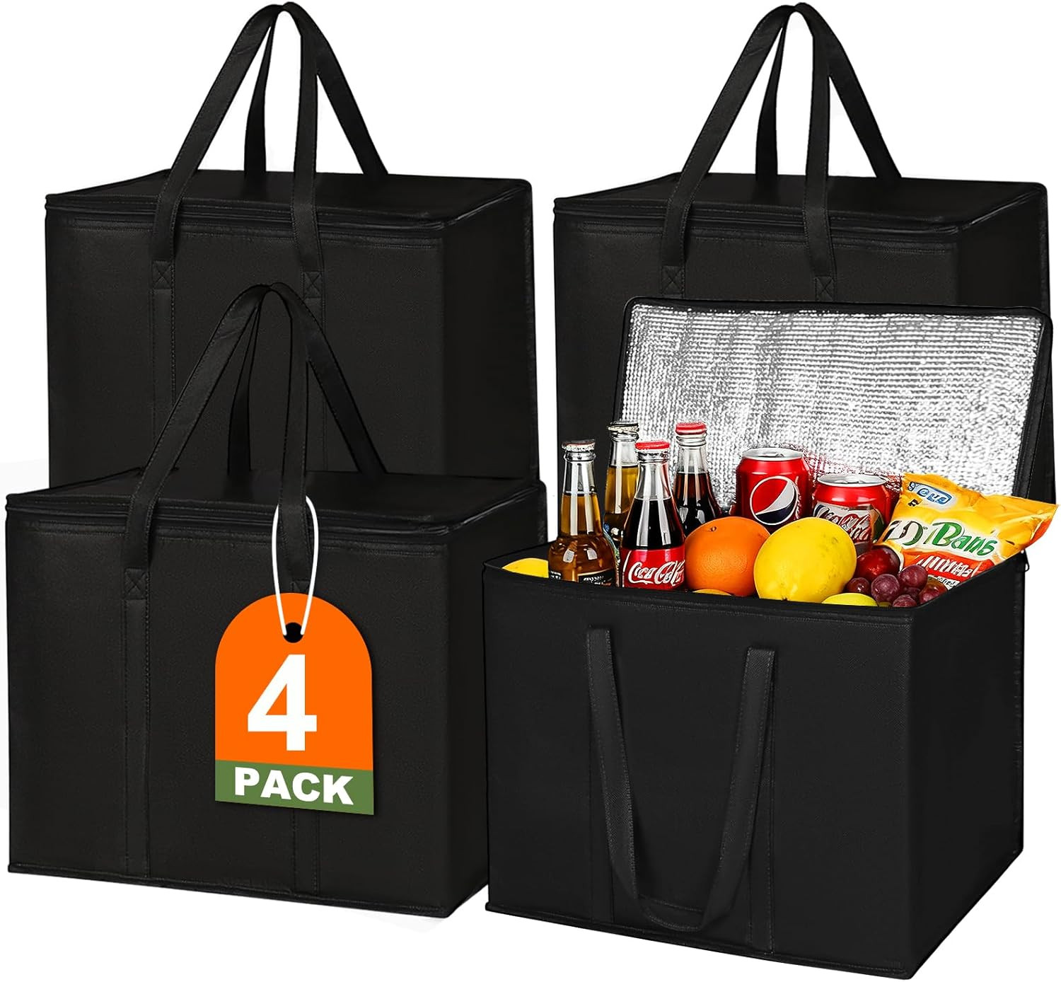 4 Pack Insulated Reusable Grocery Shopping Bags with Zippered Top,Food