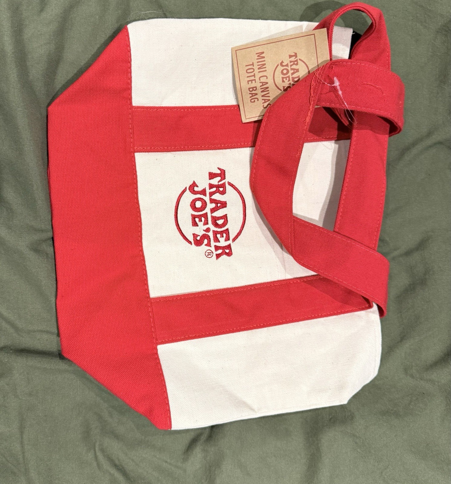 Trader Joe’s Mini Canvas Tote Bag Small Red White Foldable Canvas Solid