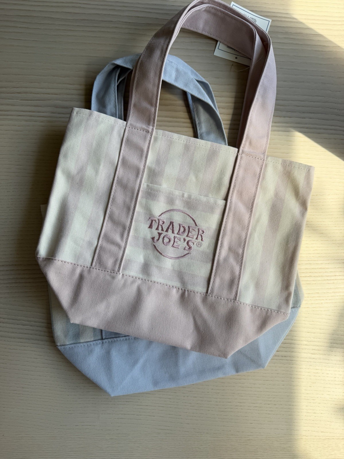 Trader Joe’s Striped Mini Canvas Tote Bag Set of 2 Pink & Light Blue NWT Limited