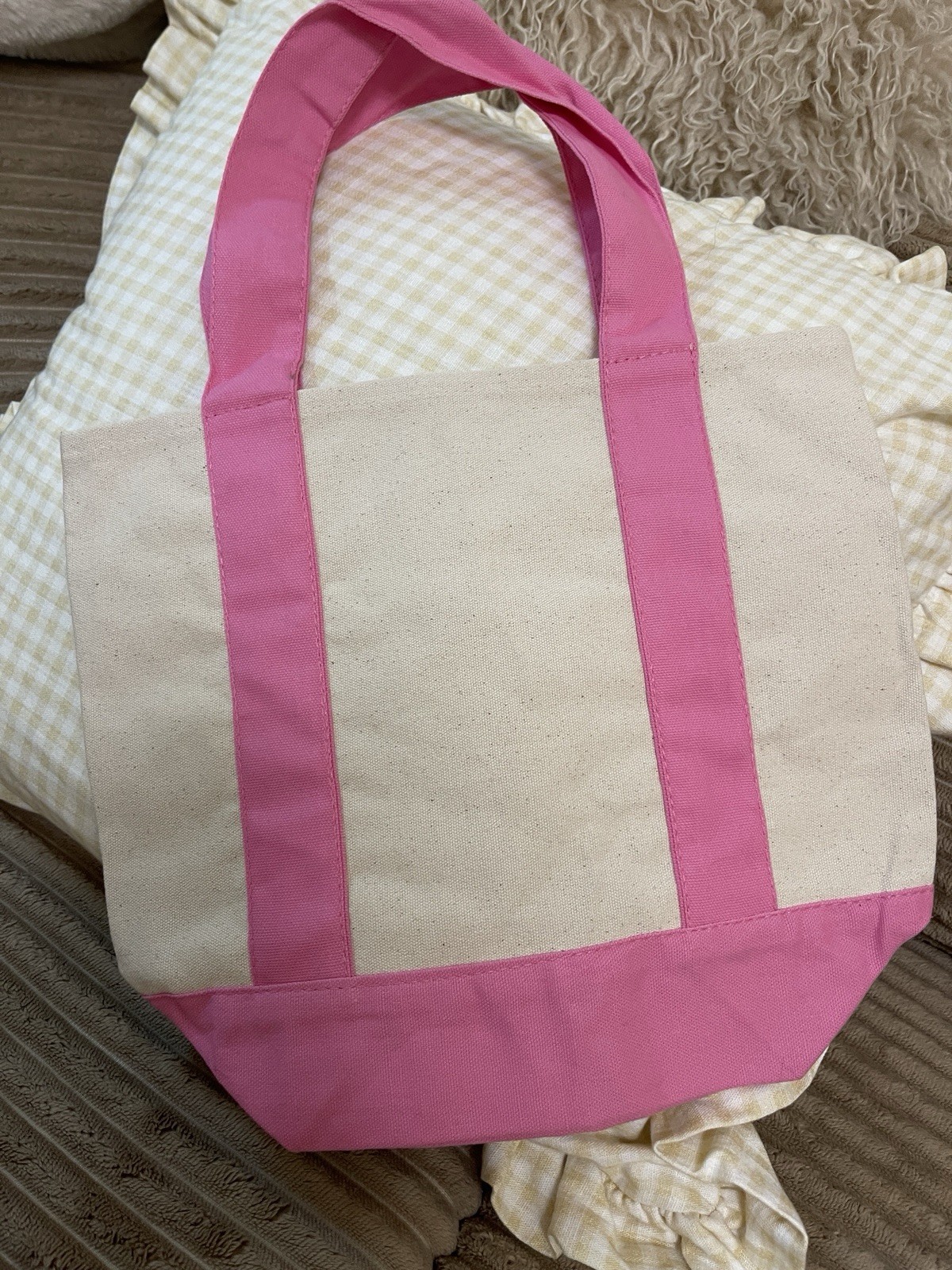 Pink/Beige Colorblock Canvas Tote Bag, Small