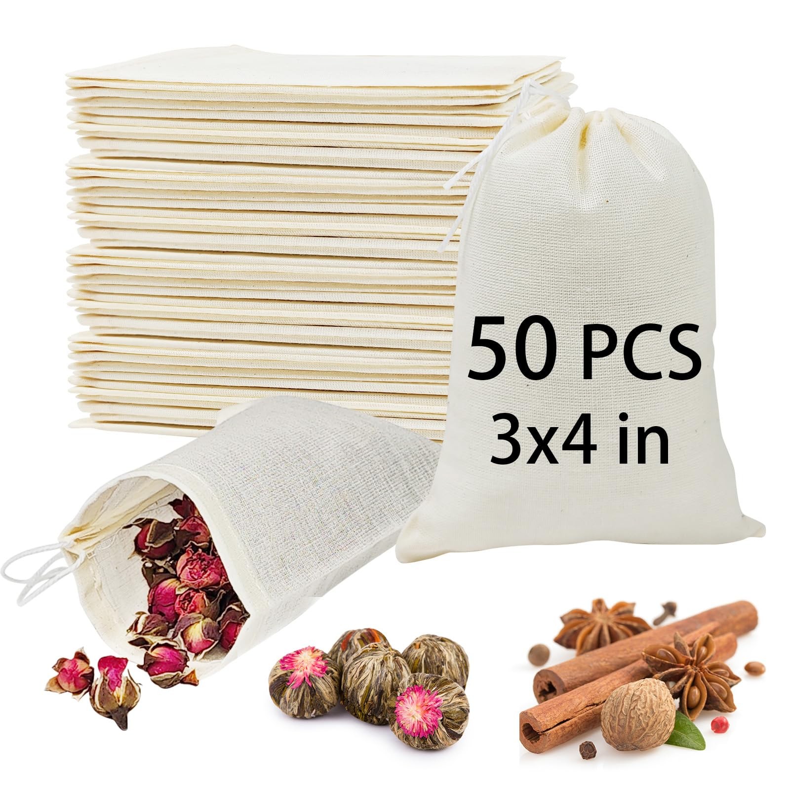 ARKBAODAN 50PCS 3×4 in Small Muslin Cloth Bags 1 count (Pack of 50), Natural