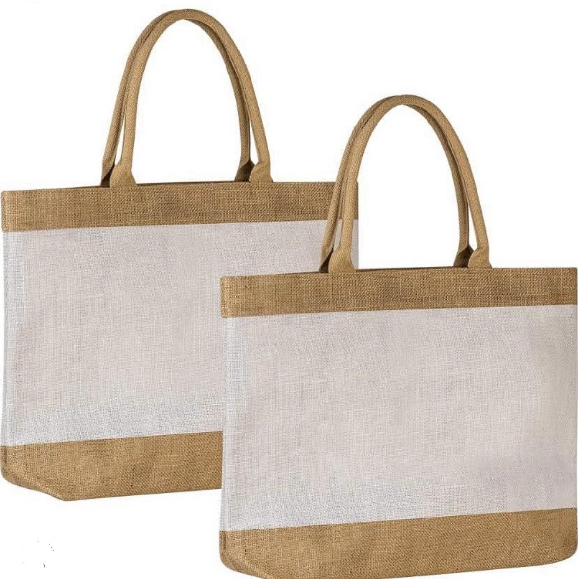Beige/White Solid Reusable Tote Shopping Bag, Waterproof, Inside Pocket – 2 pack