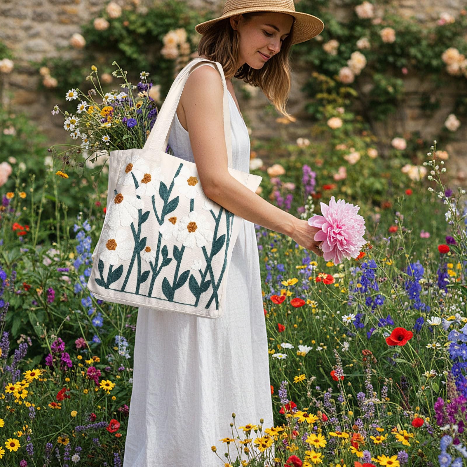 Teacher Appreciation Tote Bag Gifts for Daisy Floral Embroidery Canvas Handba…