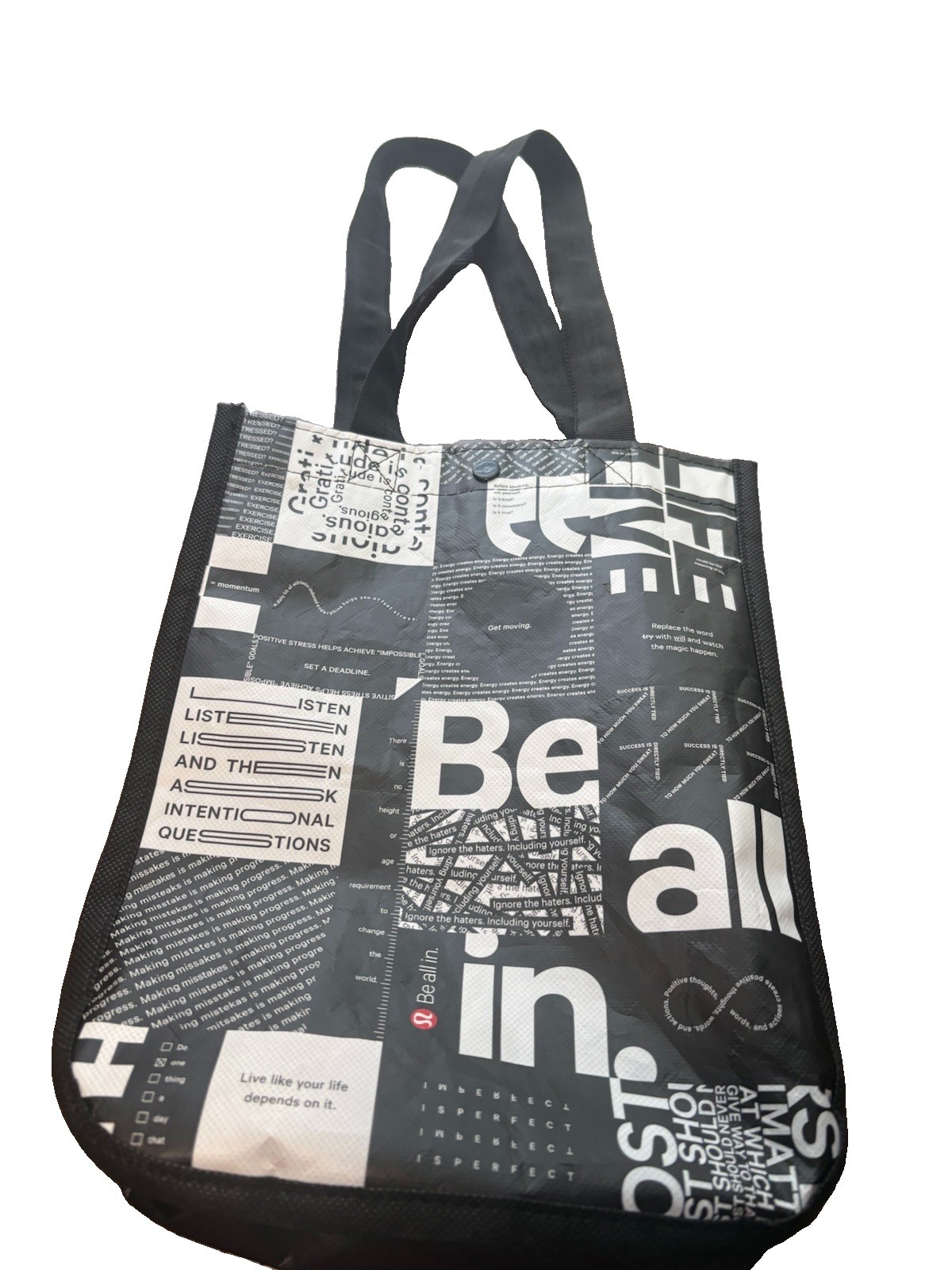 Lululemon Black Reusable Shopping Bag Gratitude Quotes 12×9 Snap Closure