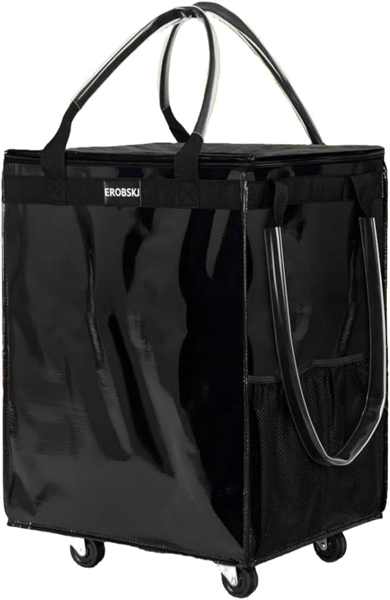 Black Reusable Grocery Bag on Wheels, 70L, 66 lbs Capacity, Foldable Trolley