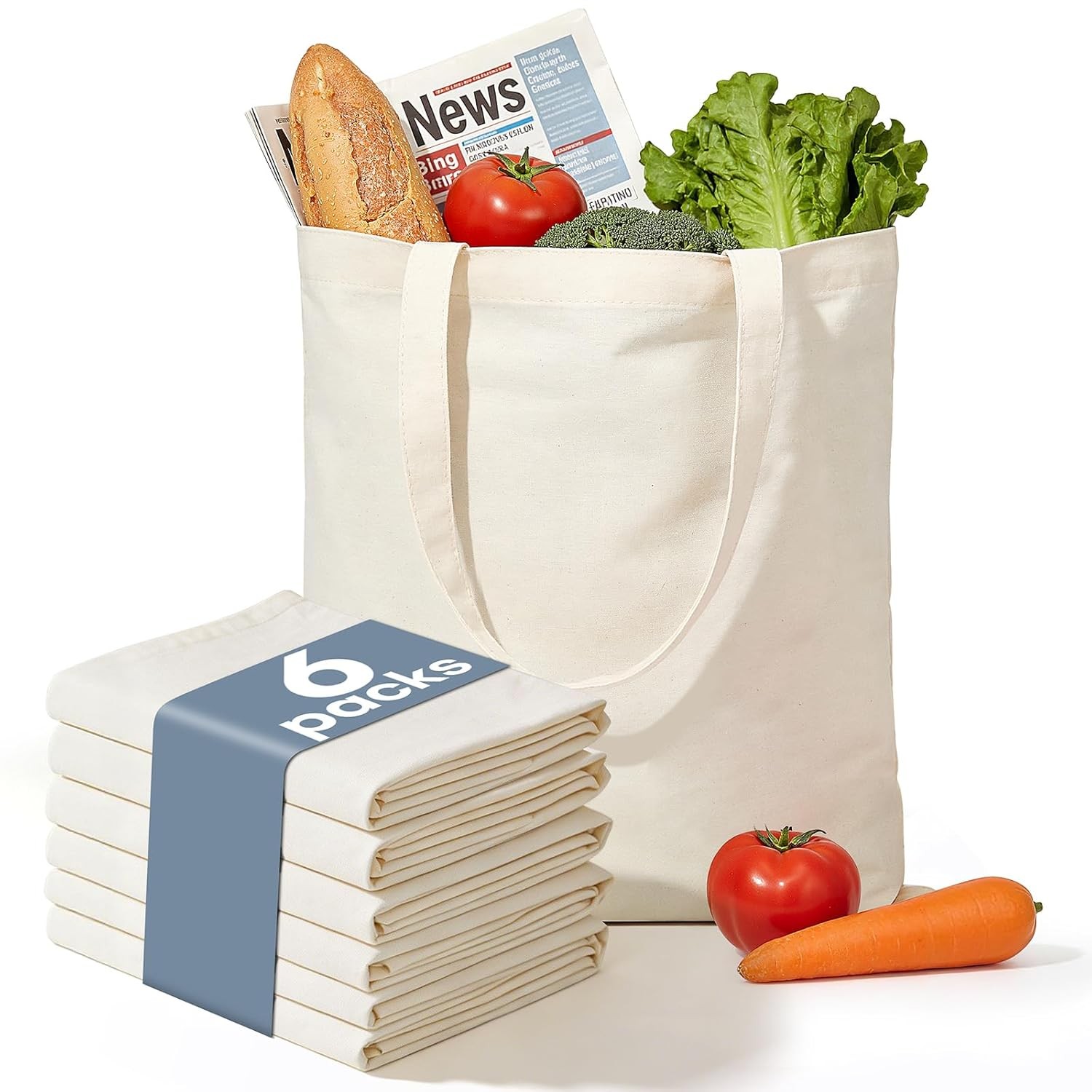 HOTOR 6 Pack DIY Canvas Tote Bag – Plain Lightweight Reusable Grocery Bags, Easy
