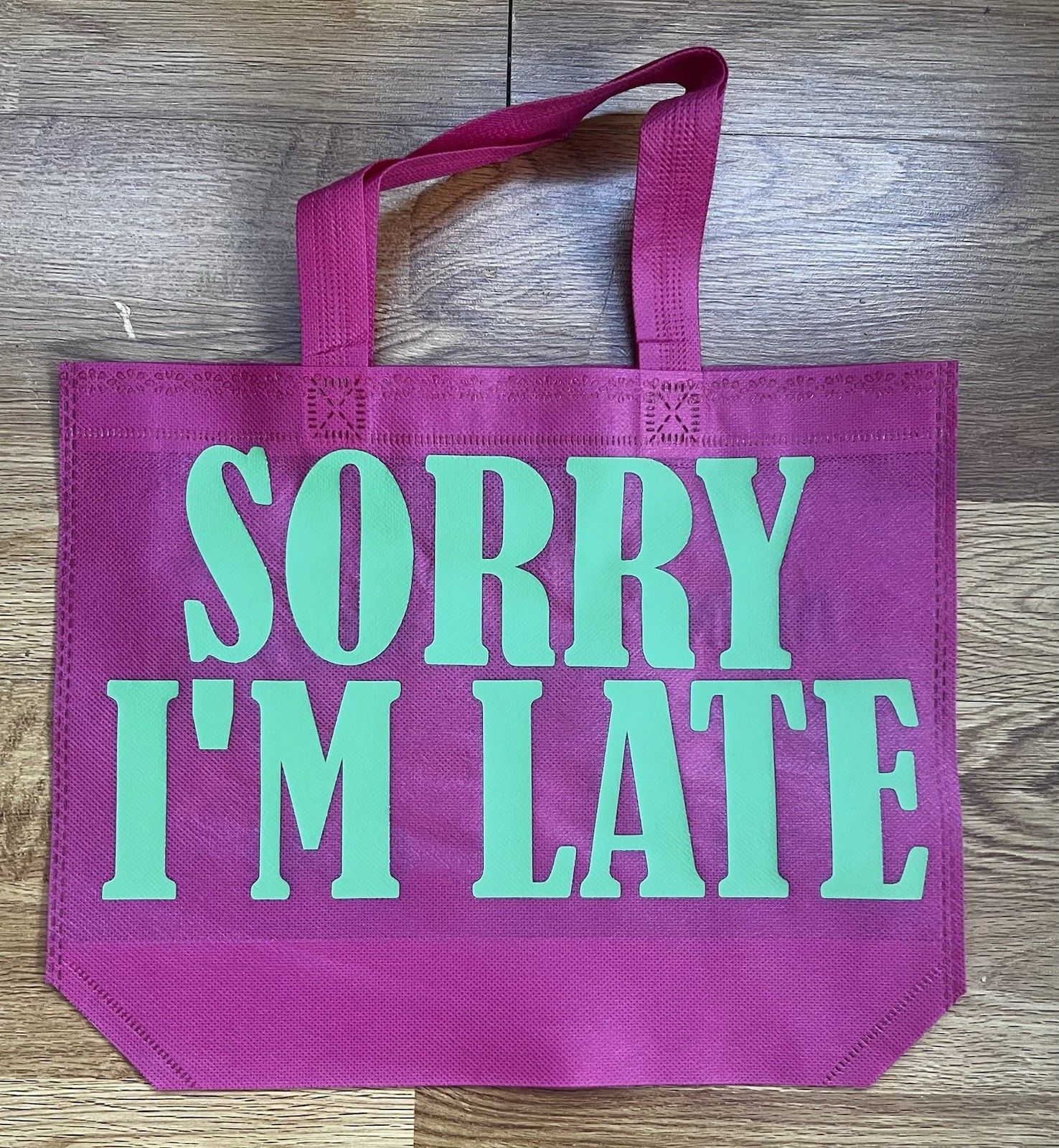 Pink Foldable Non-woven Reusable Shopping Bag with Sorry I’m Late Text Pattern