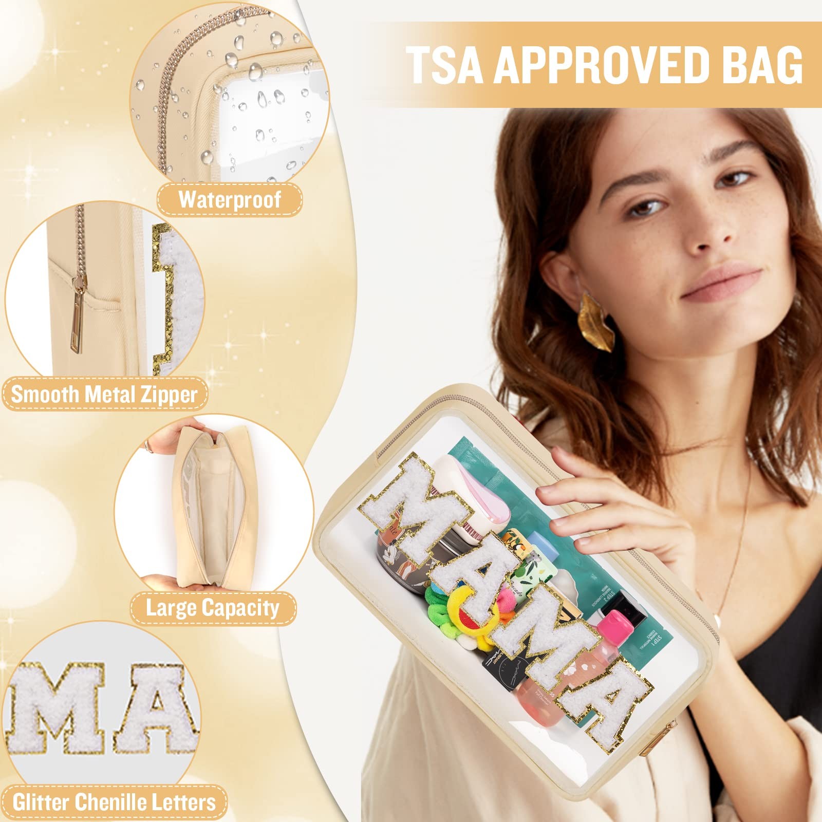 Chenille Letter Clear Makeup Bags Mama Pouch, 10.7*6.7*3.6 inches, MAMA-Beige