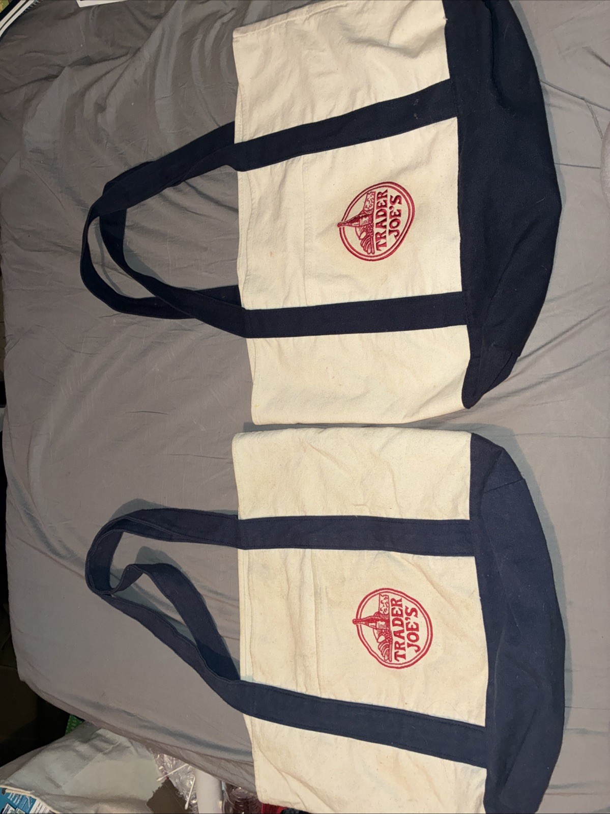 2X Trader Joe’s Canvas Grocery Reusable Tote Bags Blue and White Embroidered LRG