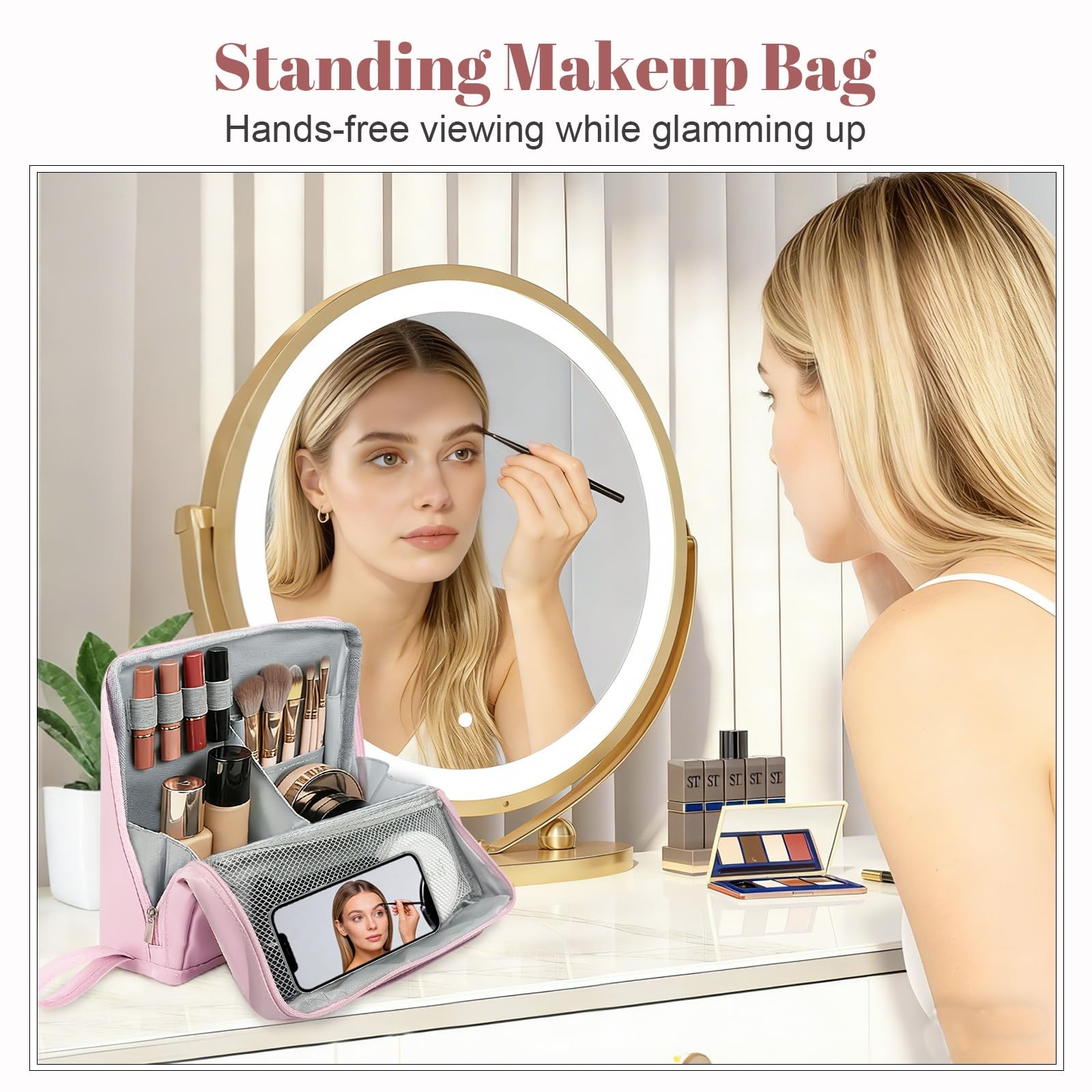 seektik Standing Makeup Bag, Stand Up Bag with Multiple Pink
