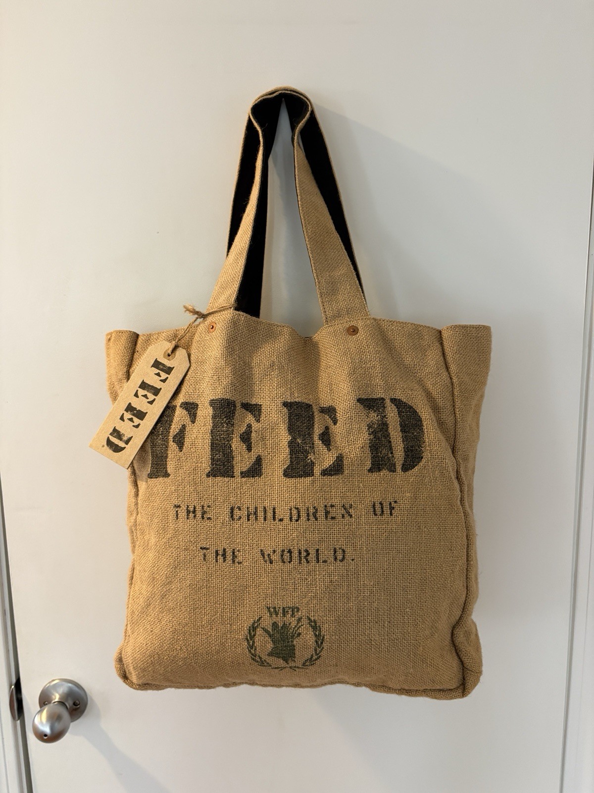 FEED 1 Bag Reversible Tote Canvas/Burlap Beige/Black Logo 16x16x6