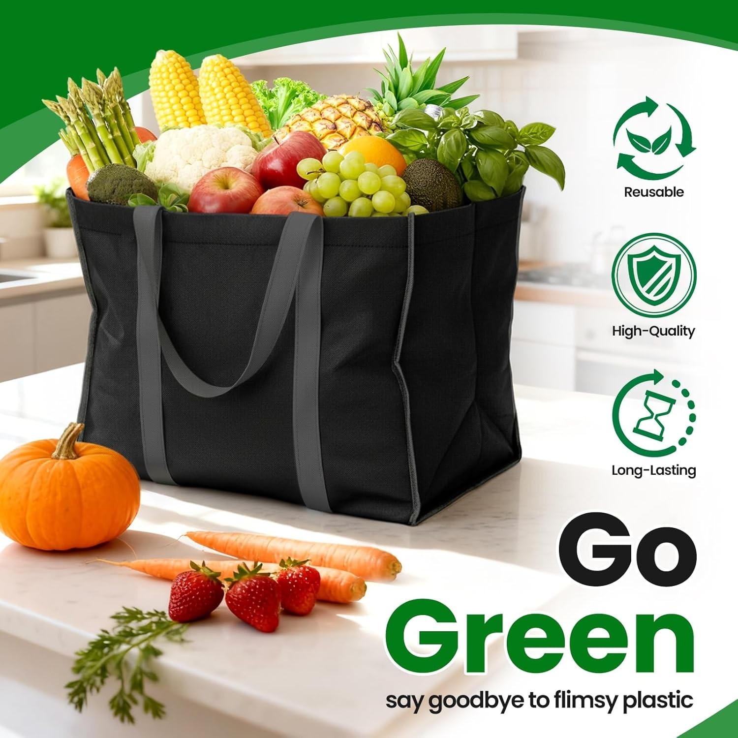 Reusable Grocery Bags with Long Handles [4 Pack] – Multipurpose Large Shopping