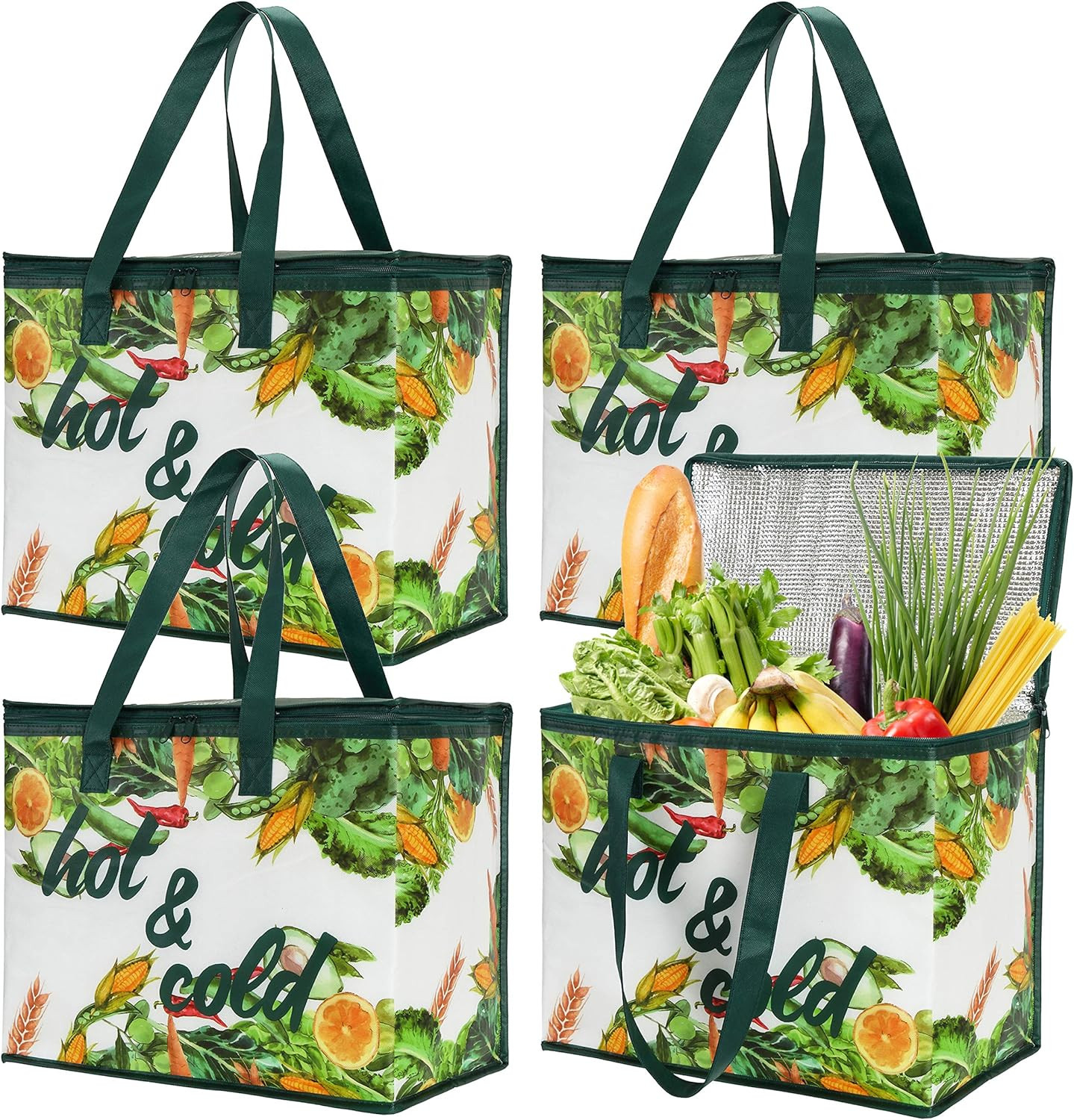 4 Pack Insulated Reusable Grocery Bag, Large Shopping Tote with Zippered