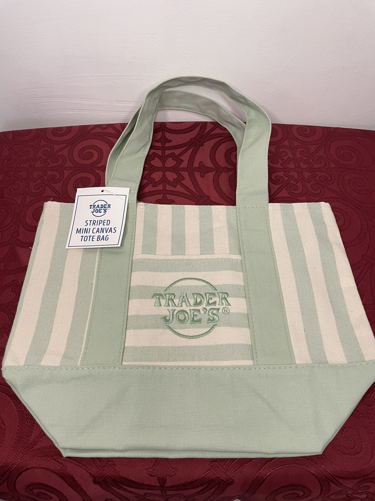 Trader Joe’s Mini Pastel Stripe Canvas Tote Bag Green Mint Limited Edition