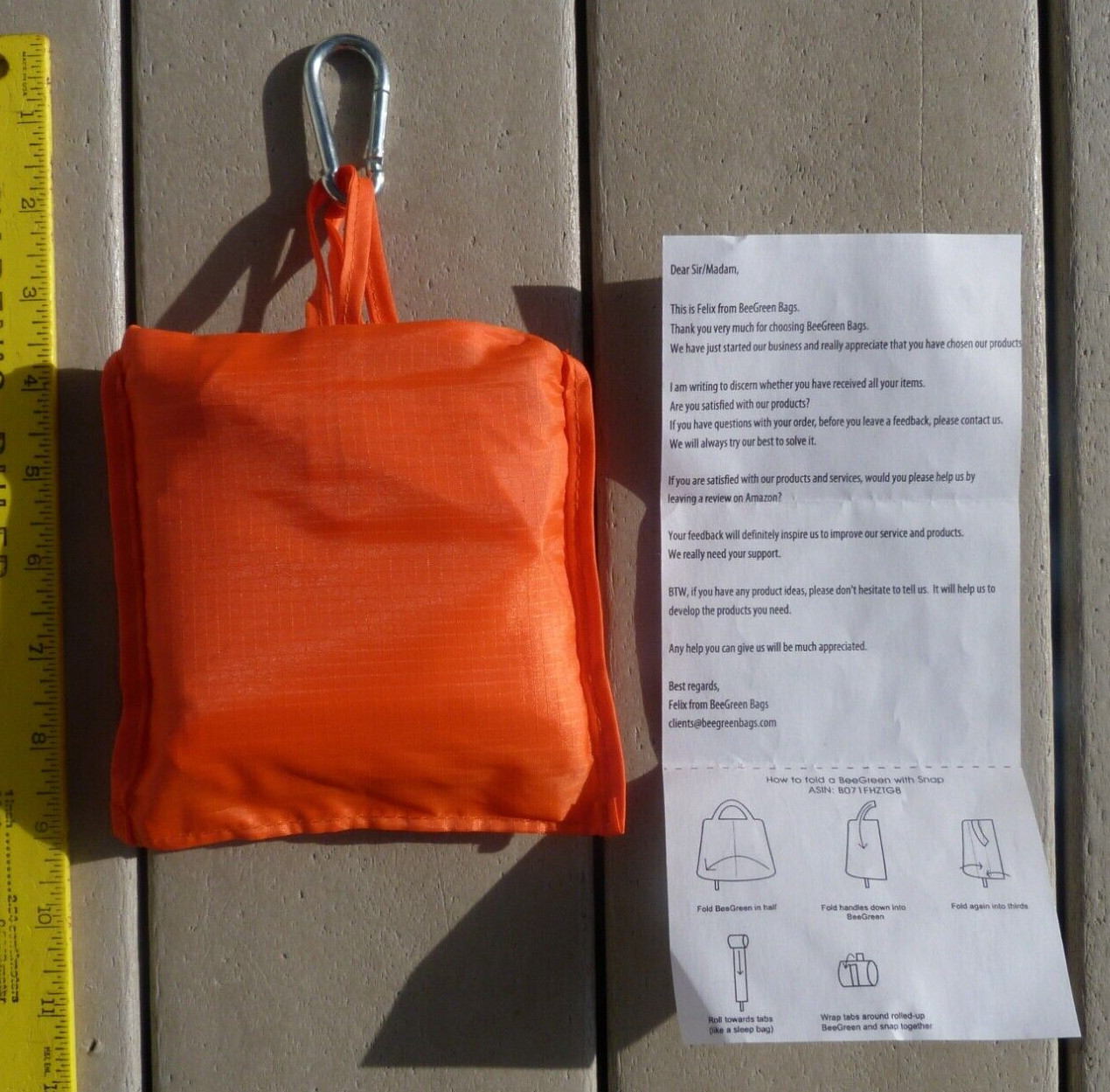BeeGreen Reusable Tote Bag Folds into Attached Pouch Bright Orange NEW