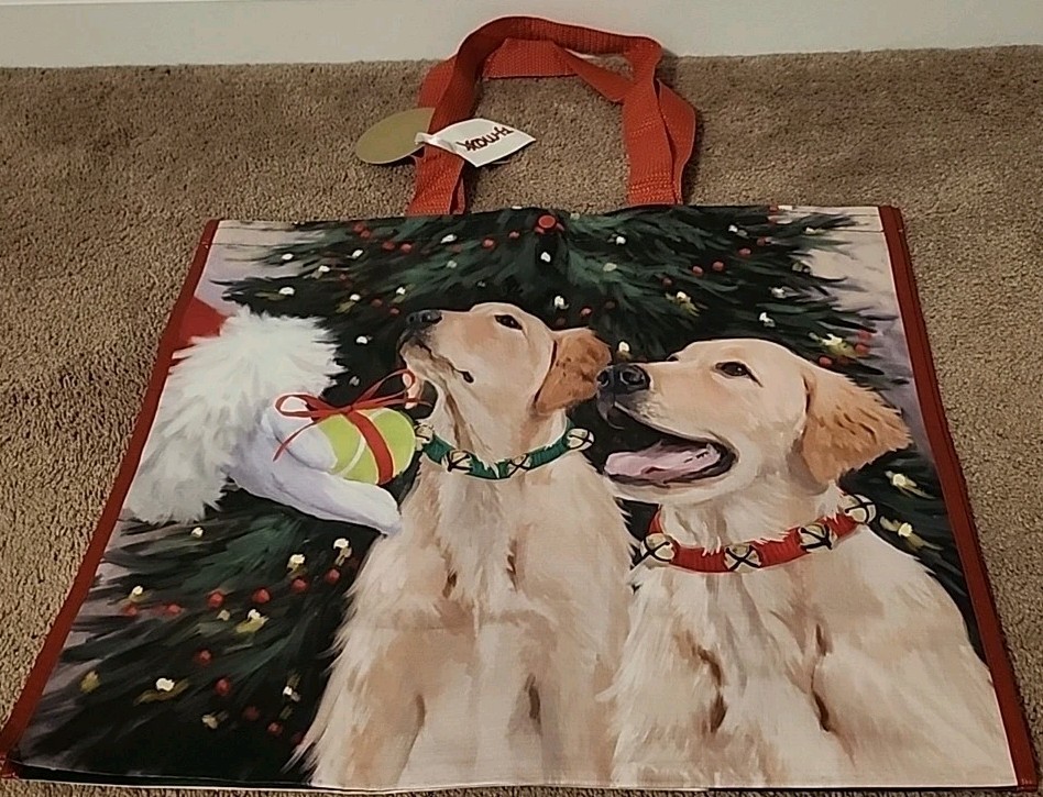 TJ MAXX Santa Giving Christmas Retrievers A Tennis Ball Large Reusable Bag Tote