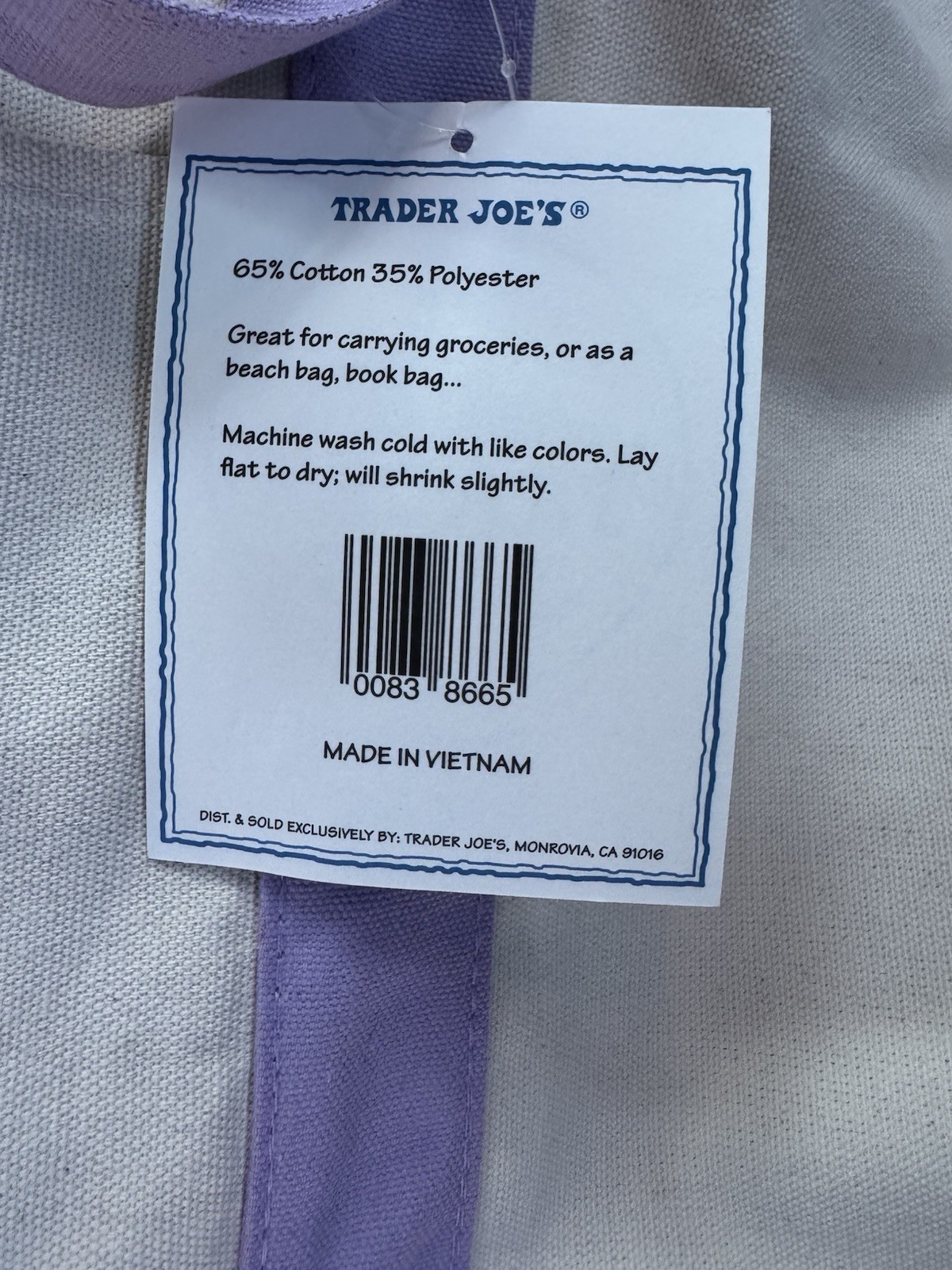 Trader Joes LARGE Lavender Purple Canvas Tote Bag 2026 Viral Drop Rare FAST SHIP