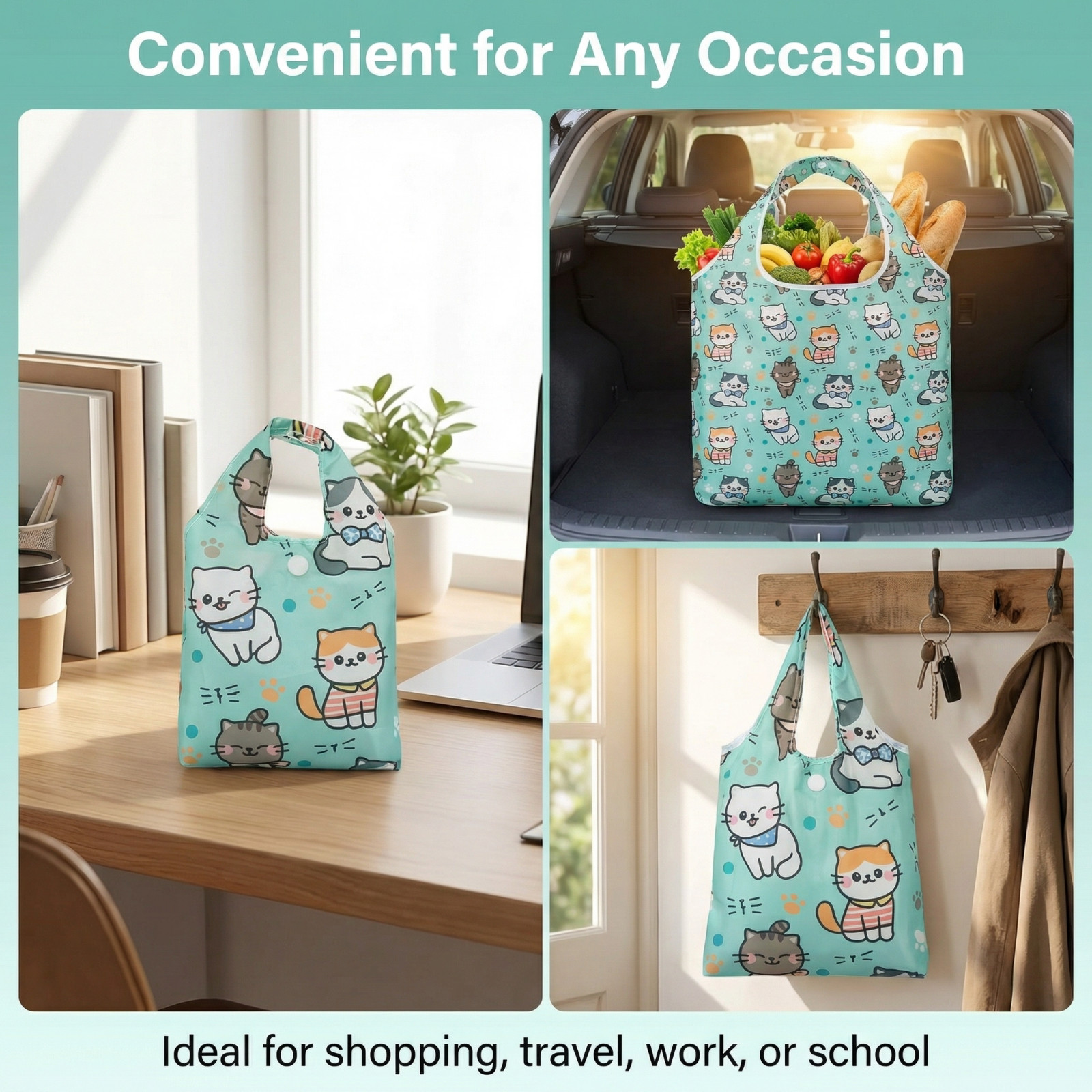 Cute Cat Print Reusable Shopping Bag | Foldable Eco Grocery Tote
