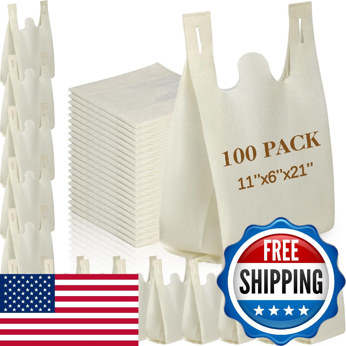 Windyun 100 Pcs Large Reusable Grocery T-Shirt Bags Non Woven Foldable Tote Beig