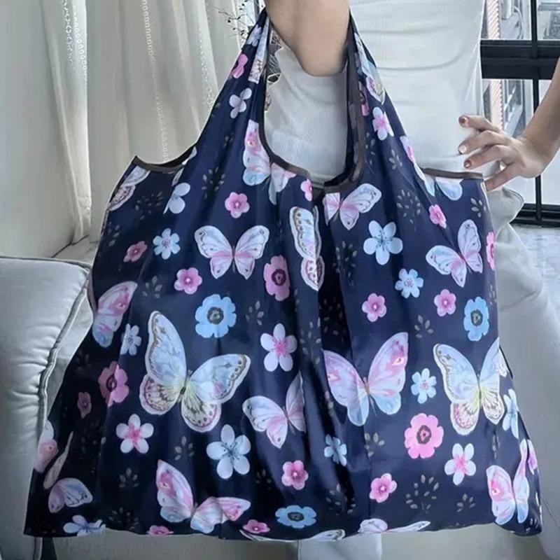 Portable Folding Shopping Bag Butterfly Flower Printing Grocery Bag Eco-friendly