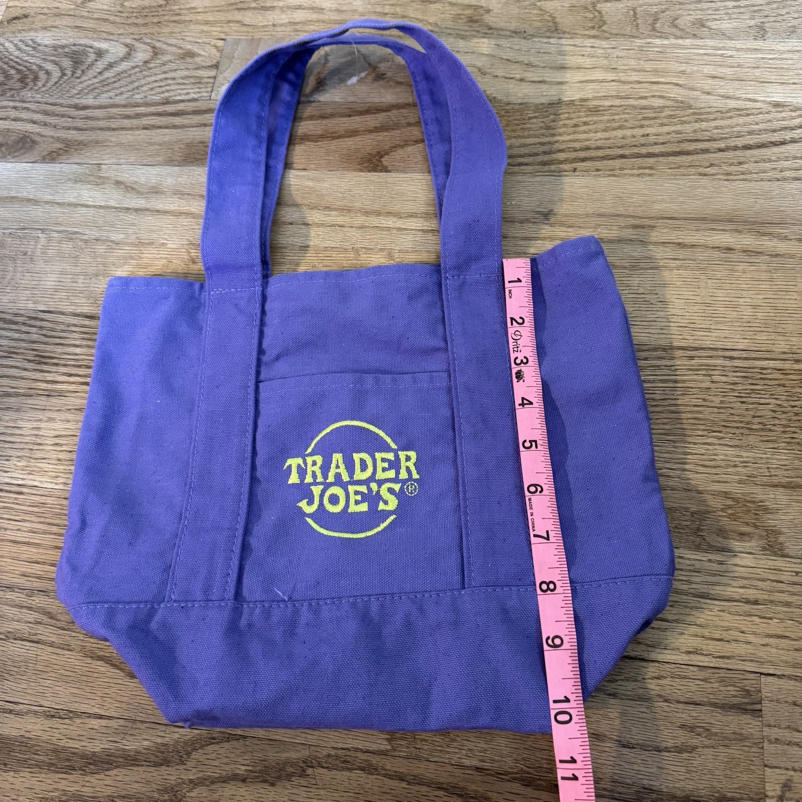 Trader Joes Mini Canvas Purple Tote Bag Embroidered Logo Double Handles