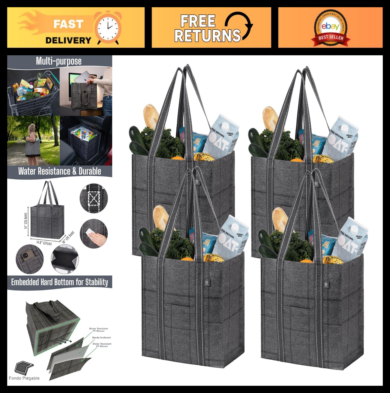 4 Pack Reusable Grocery Bags with Hard Bottom – Heavy-Duty Shopping Cart Bags