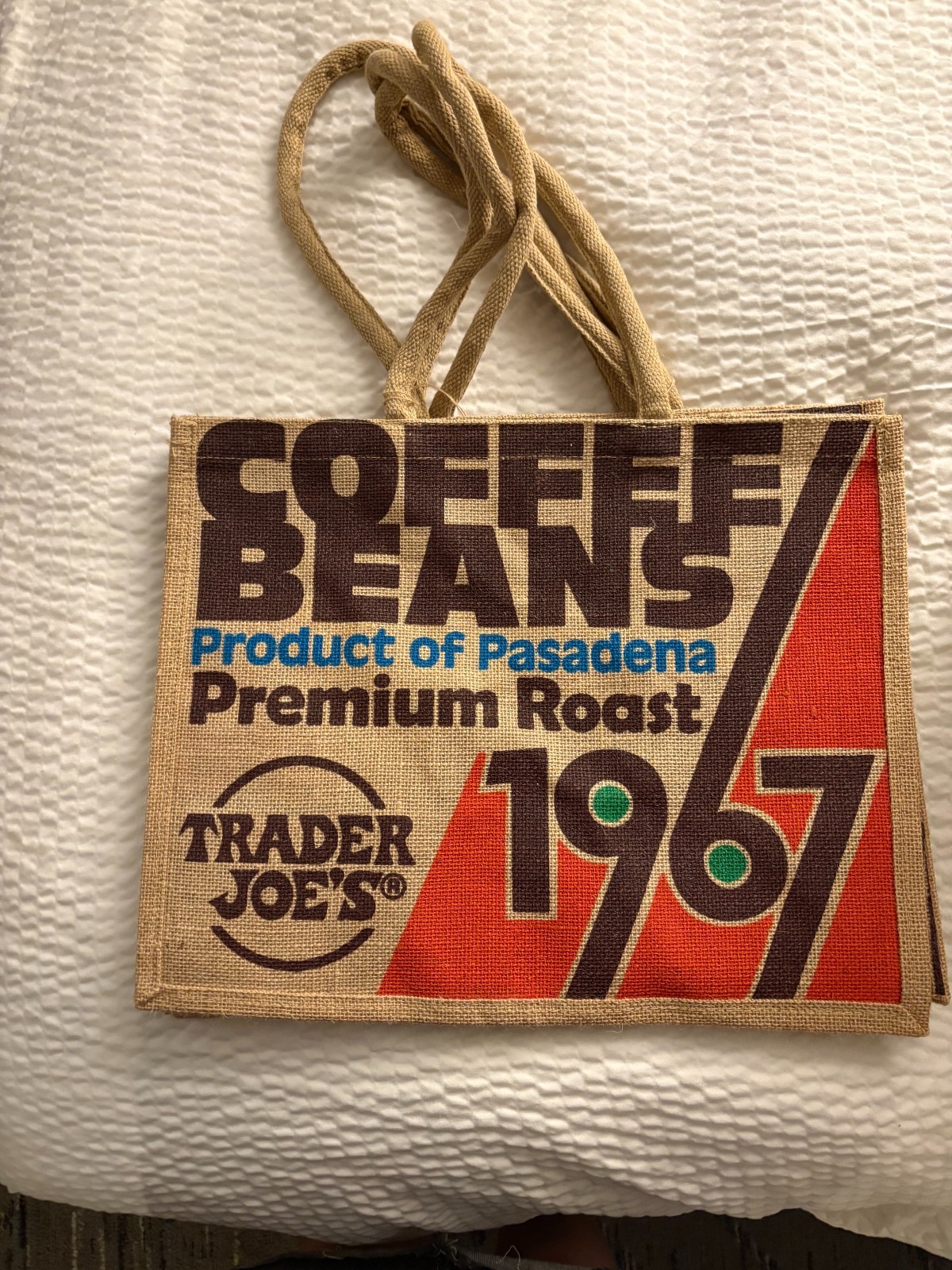 Trader Joe’s Jute 1967 Coffee Beans Retro Pasadena Tote Bag 9 Gallons Ships Asap