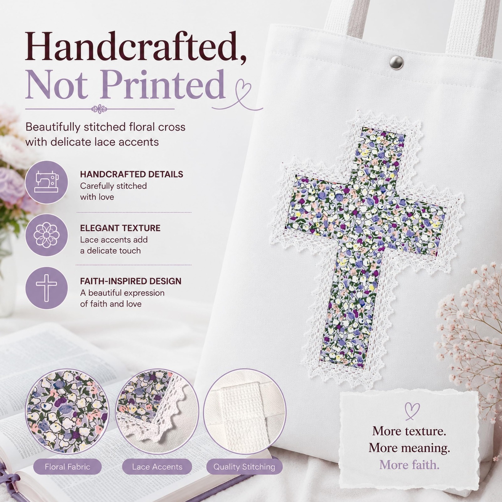 Christian Tote Bag for Women, Bible Bags with Handcrafted Cross & Lace, 12oz …