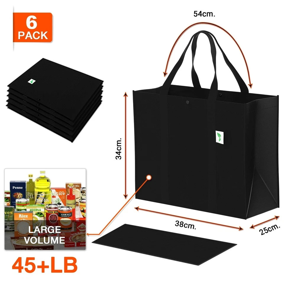 6 Pack Black Reusable Grocery Bags Extra Large Foldable 50+ Lbs Totes Set