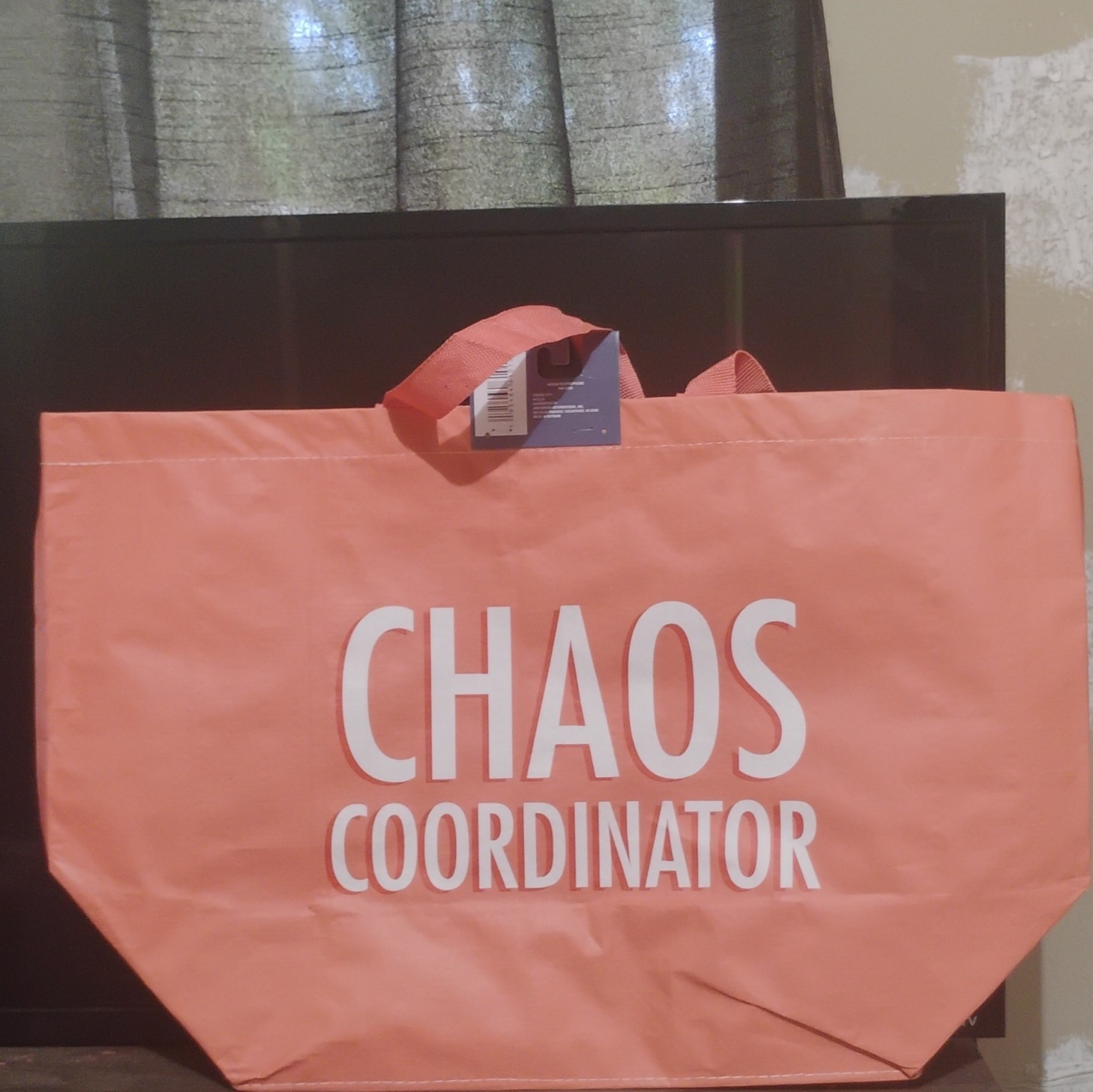 Pink/Black Reusable Shopping Tote Bag “Chaos Coordinator” Large Foldable 25 qt