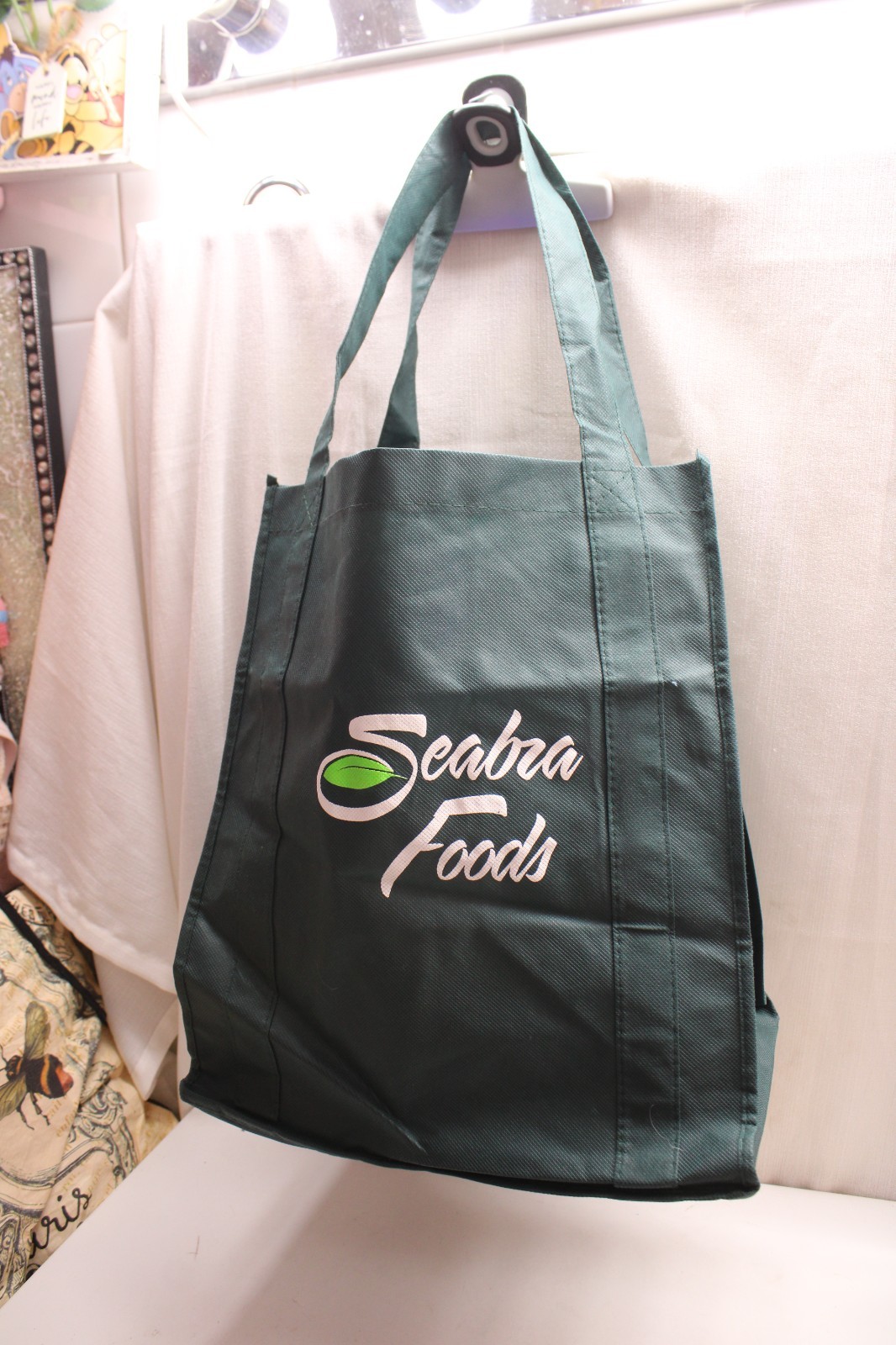 dark green non-woven reusable grocery tote bag “Seabra Foods” logo 13X13X10inch