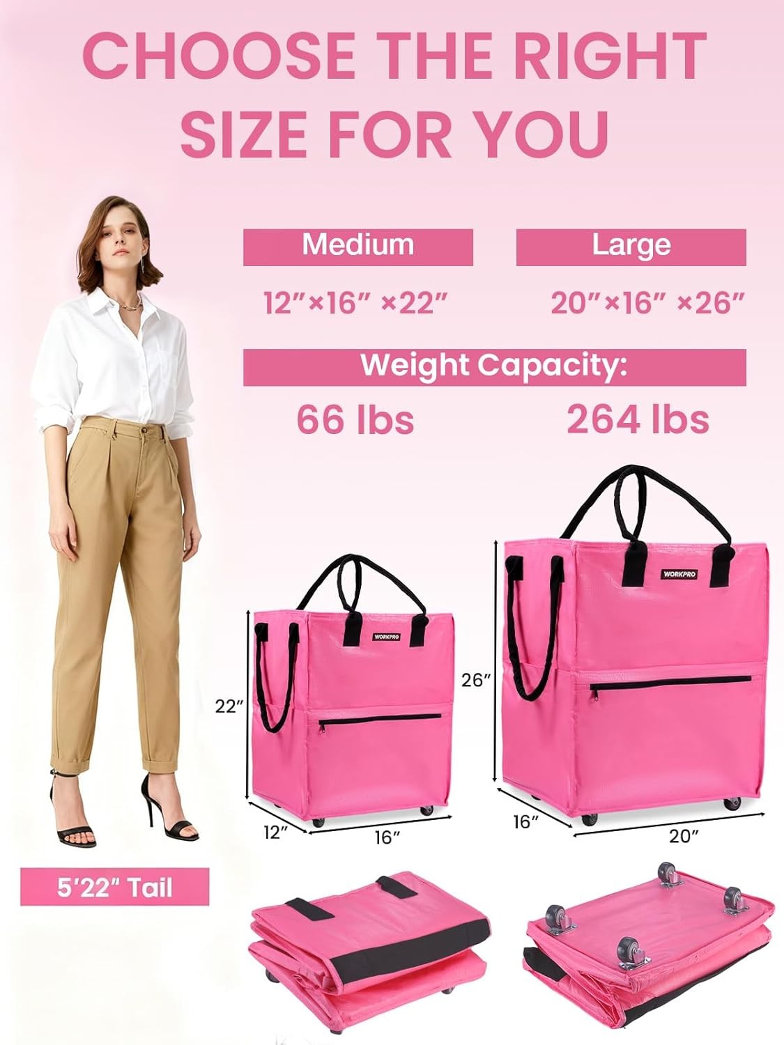 WORKPRO Medium Reusable Grocery Bag 4 Caster Wheels Heavy Duty Shop Rolling Tote