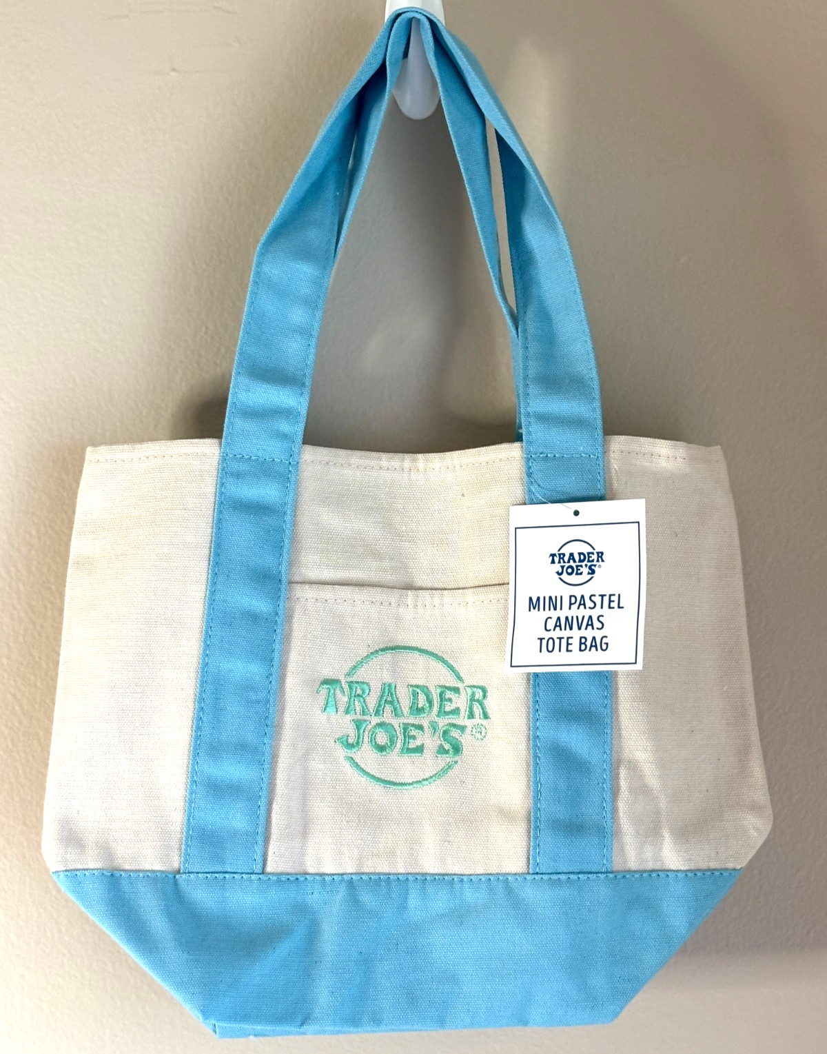 Trader Joe’s Pastel Blue Canvas Mini Tote Bag Embroidered Double Handles