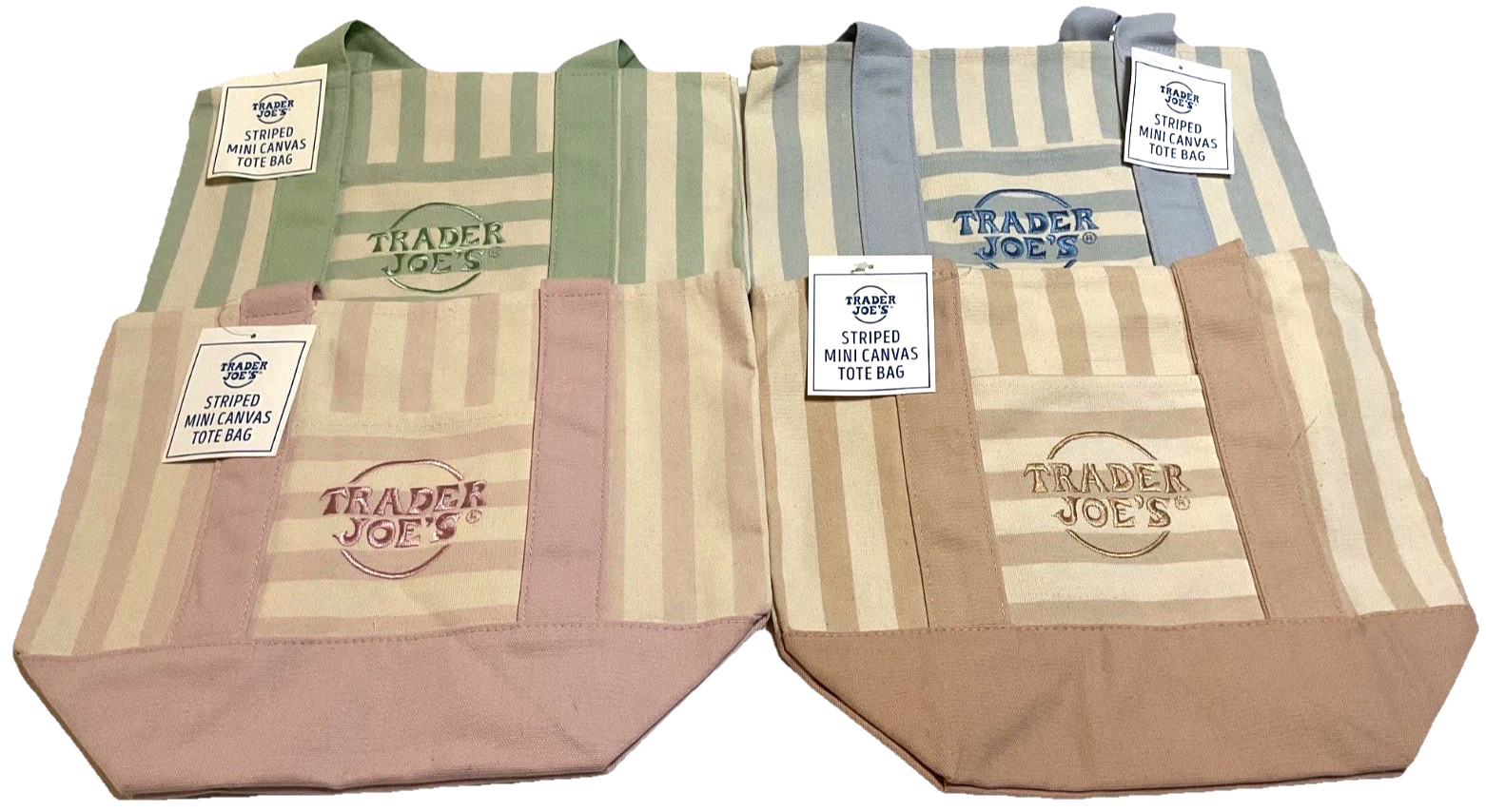 Trader Joe’s Mini Canvas Tote Bag-New Striped Brown/Green/Pink/Blue Reusable