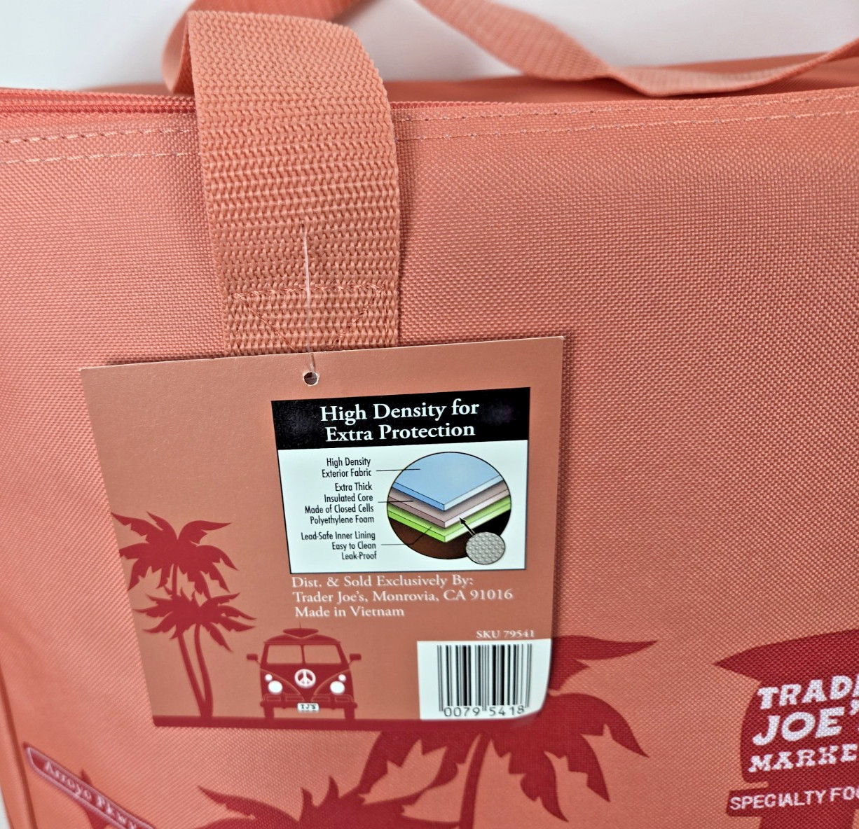 Trader Joe’s Lge Reuseable Insulated Tote Bag 8 Gallon Peach-Pink Pasadena NWT