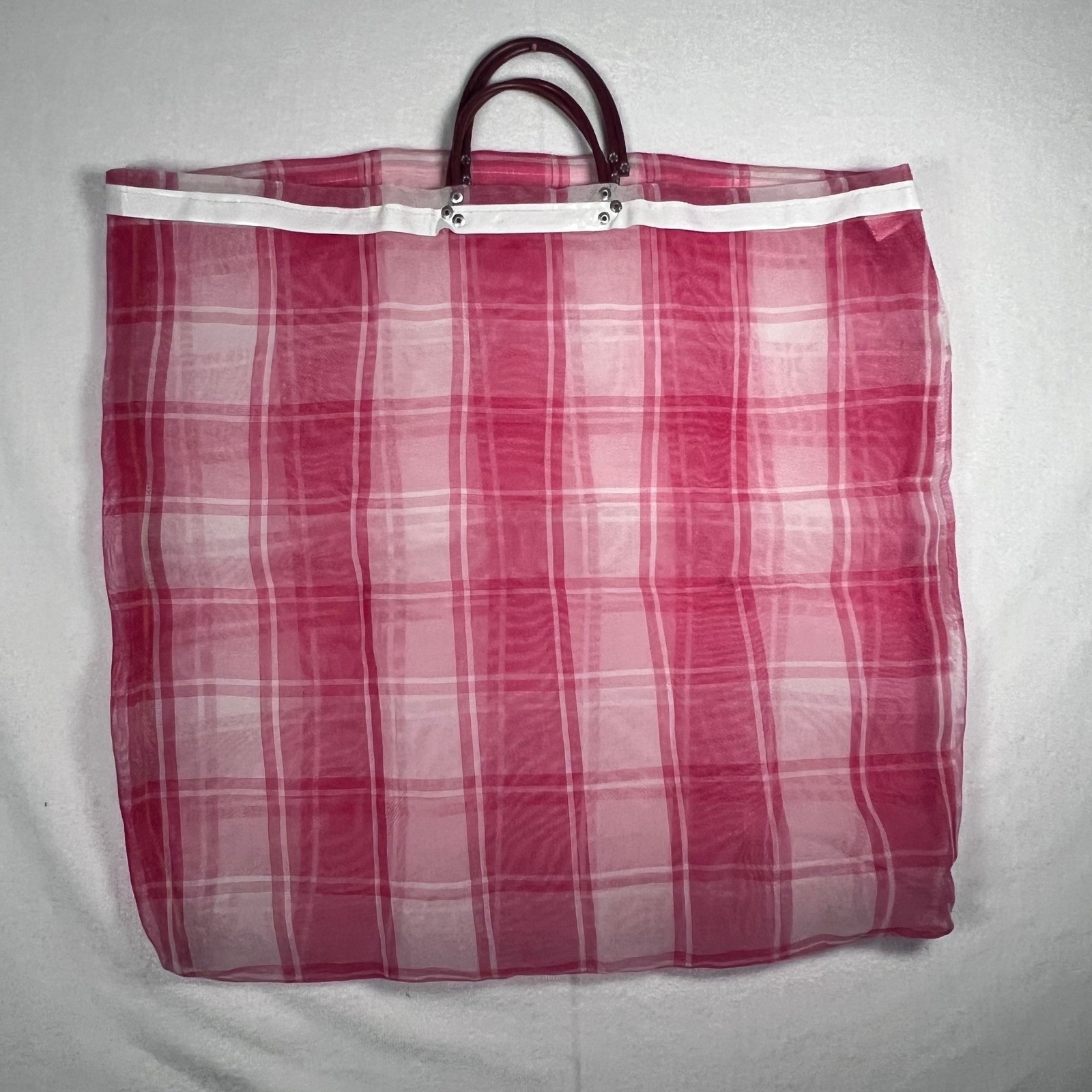 VTG 60’s Mesh Market Red Pink White Plaid Tote Beach Bag XL Mexico Top Handles
