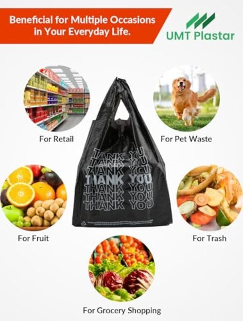 300 Count Thank You Plastic Bags, 12″ x 6″ x 22″, 15 Mic Black T Shirt