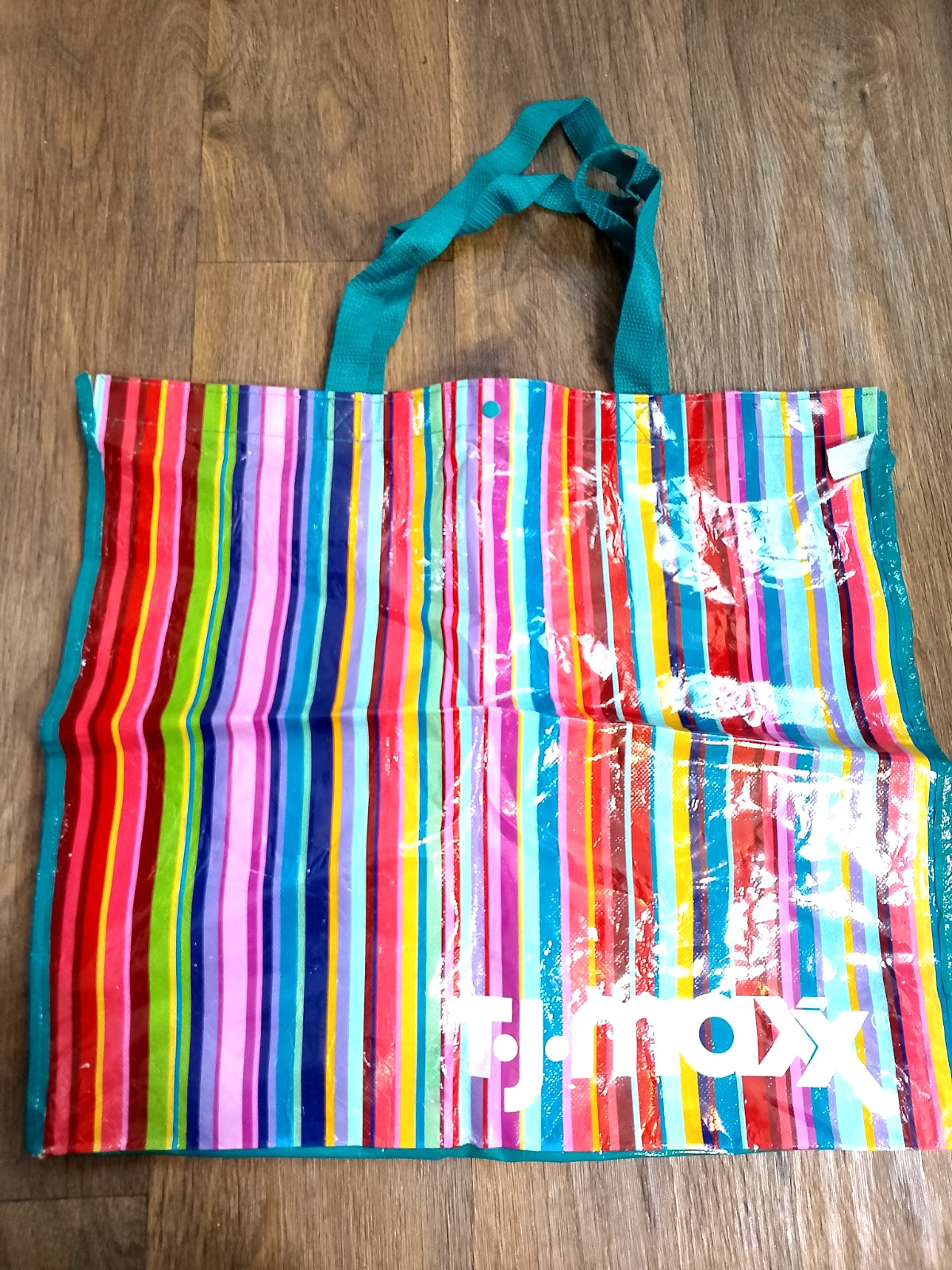 TJ Maxx striped multicolored shopping grocery bag used 19x7x17.5 inches