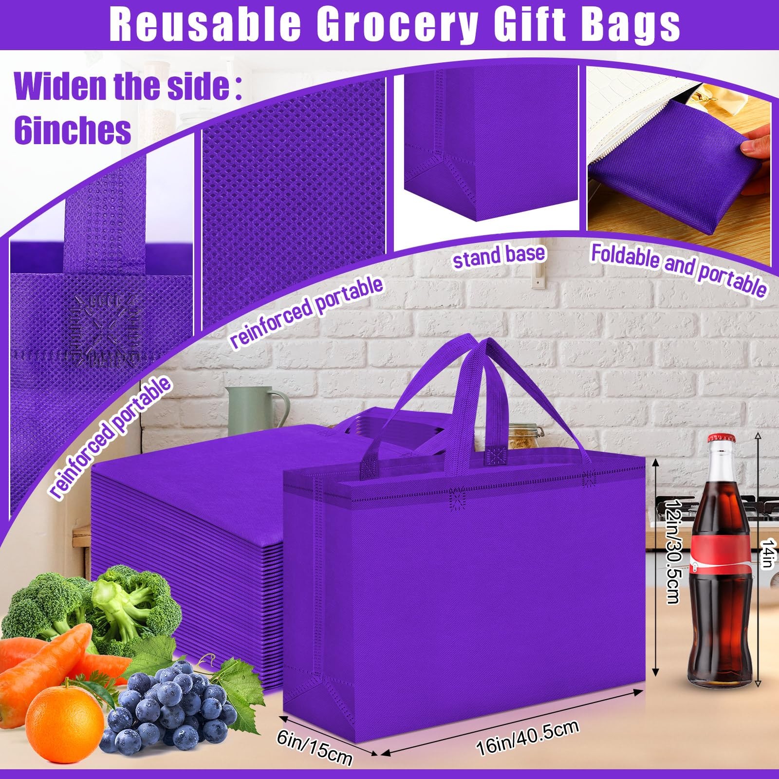 Large Reusable Grocery Shopping Bags Non Woven Foldable Handles 16x6x12 Inch