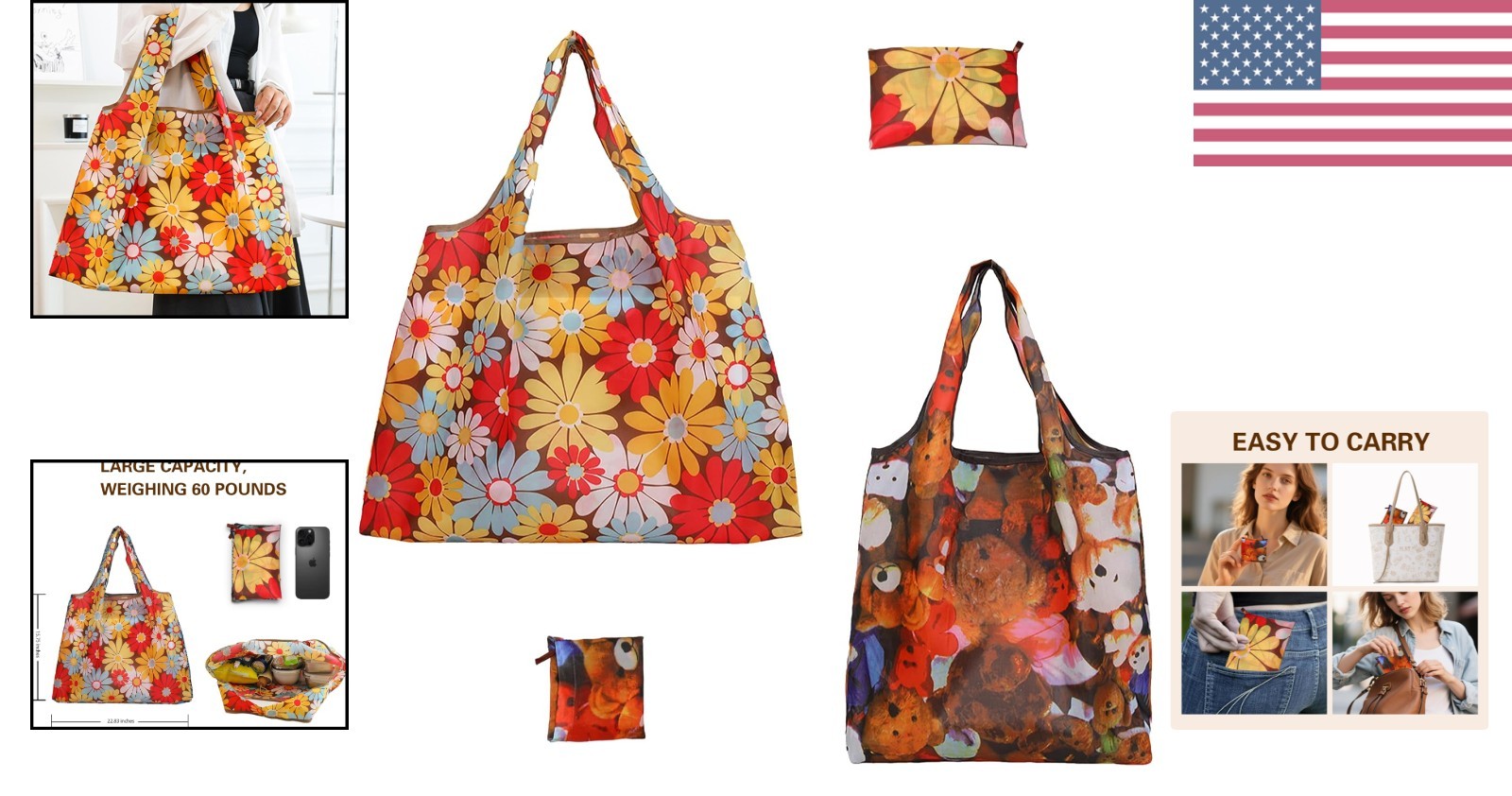 2-Piece Reusable Grocery Bags, 60+ lbs Capacity, Foldable & Fashionable Designs