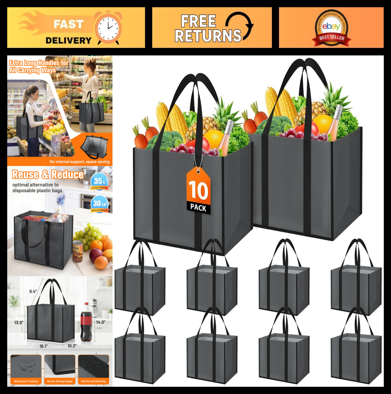 10 Pack Reusable Grocery Bags with Handles – 35L Water-Resistant Foldable Totes