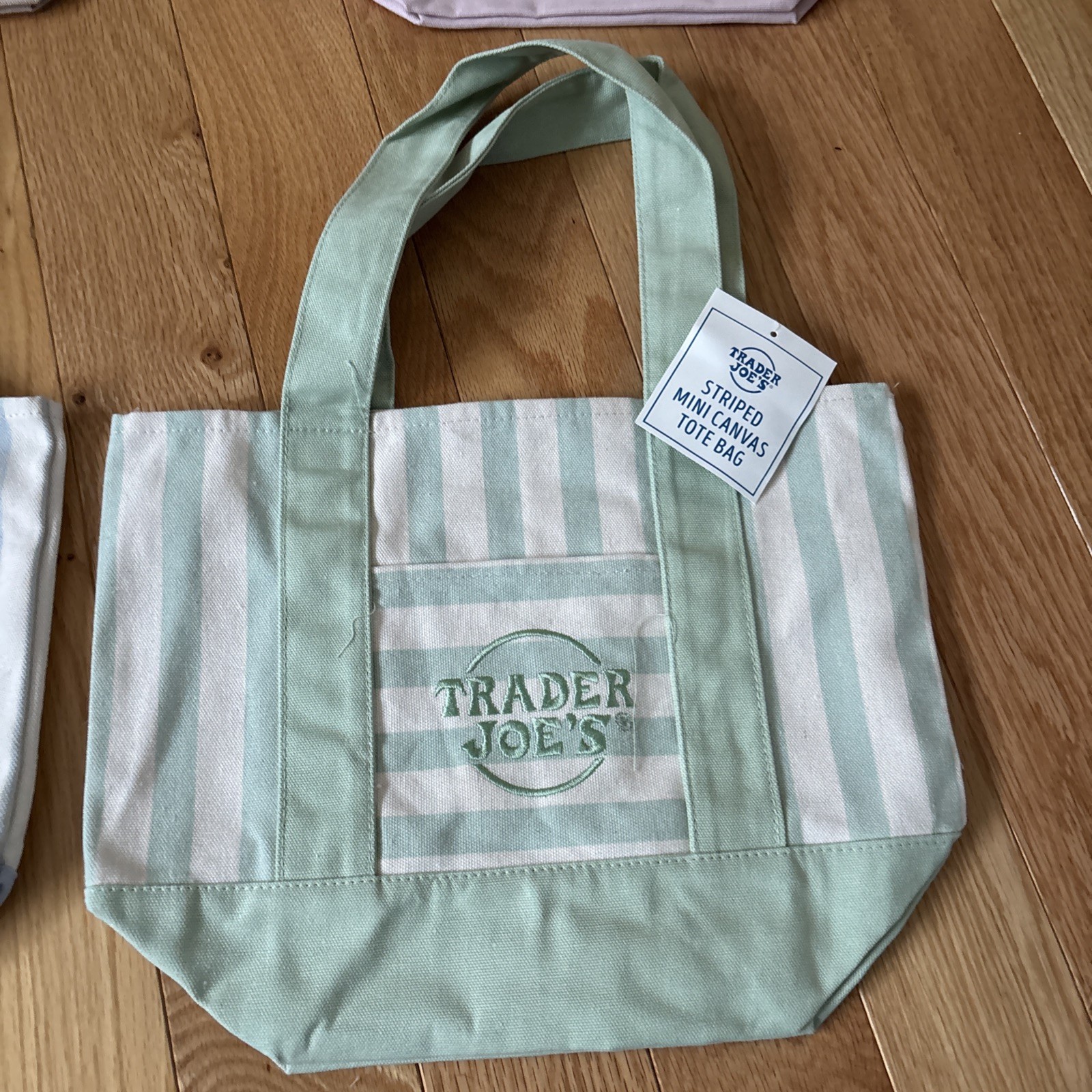 TRADER JOE’S MINI PASTEL STRIPE CANVAS TOTE BAGS SET Of 4 PINK BLUE GREEN BEIGE