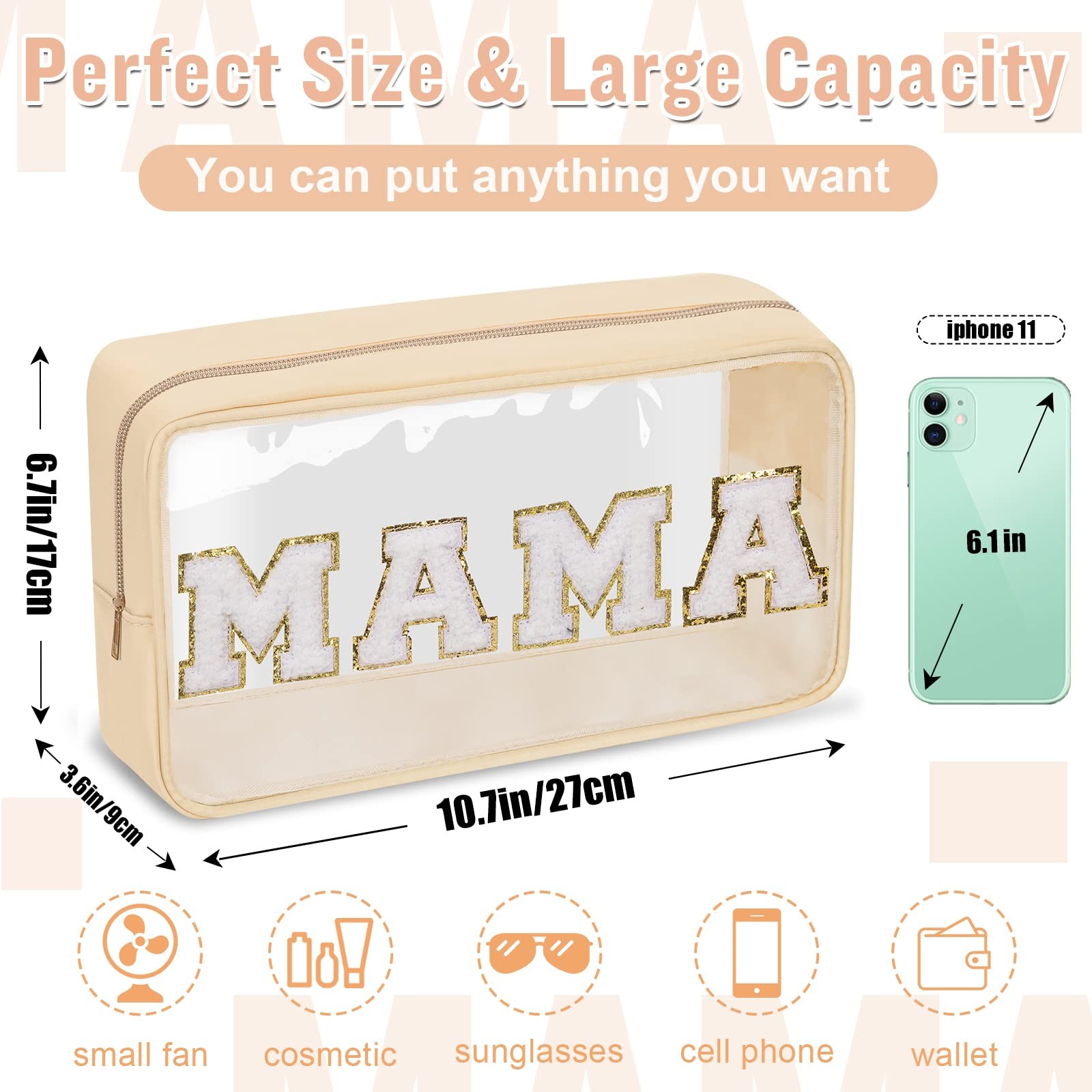 Chenille Letter Clear Makeup Bags Mama Pouch, 10.7*6.7*3.6 inches, MAMA-Beige